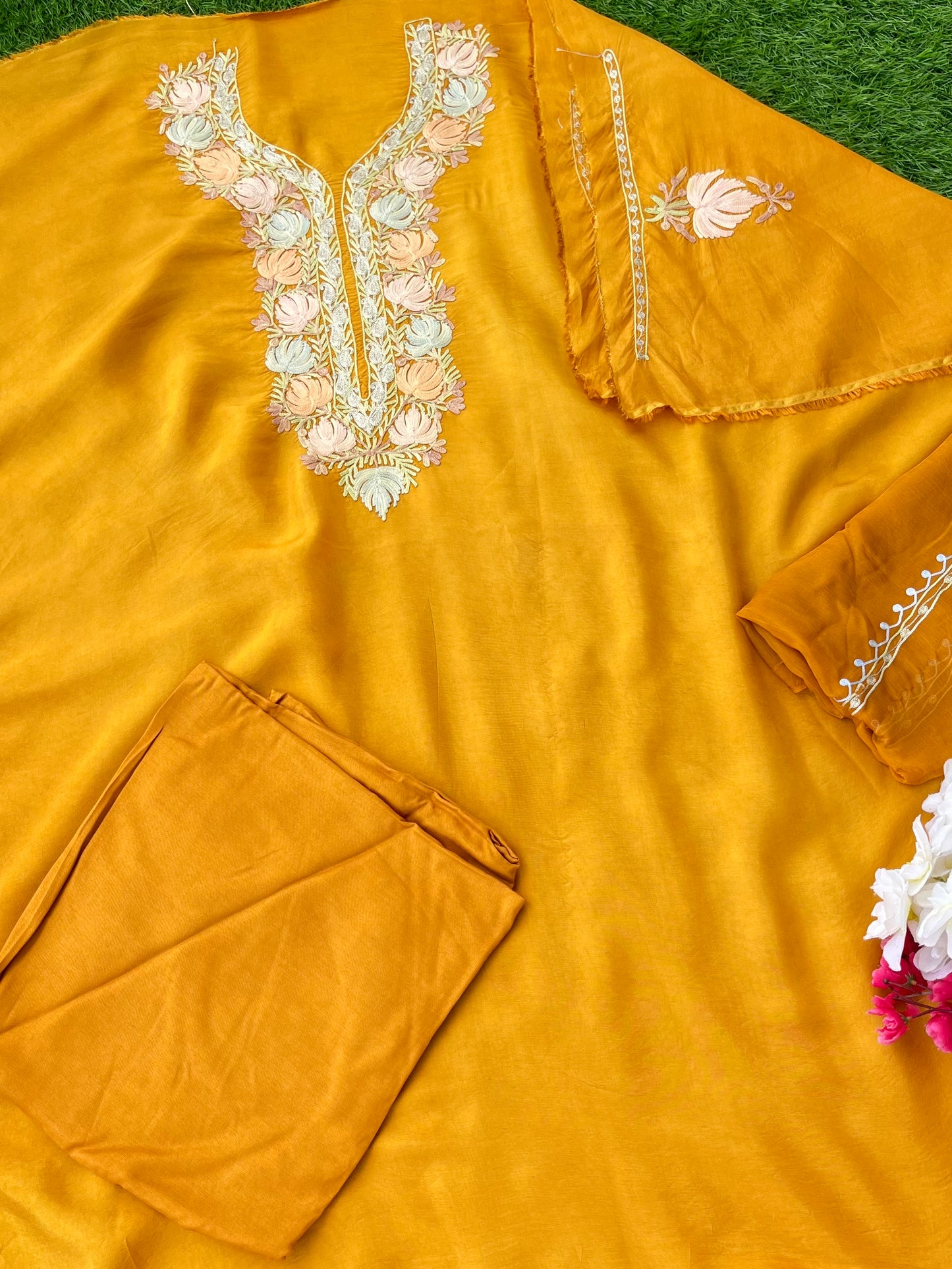 Mustard Opada Silk Aari Embroidered Suit material