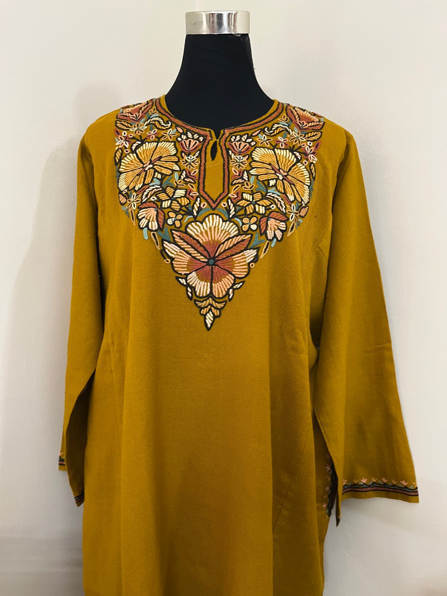Mustard Yellow Aari Hand Embroidered Pure Wool Pheran