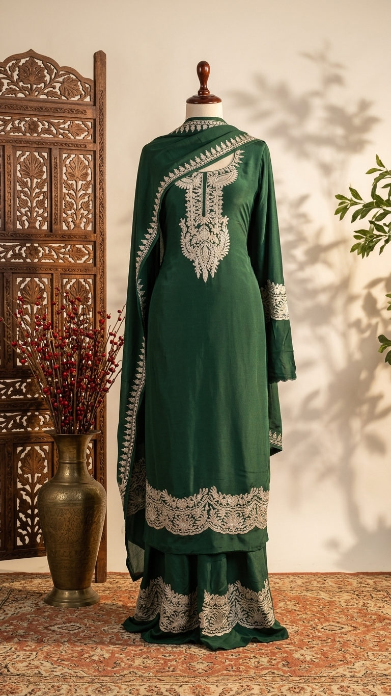 Bottle Green Crape Kashmiri Suit