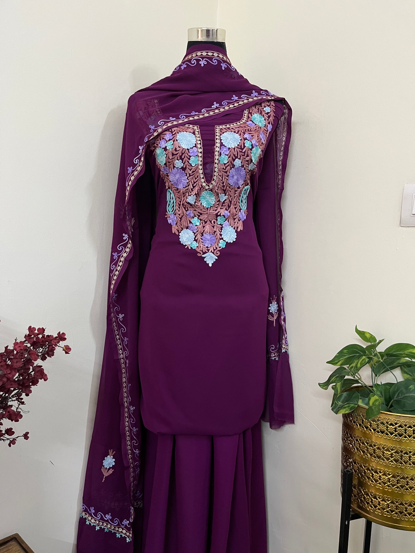 Wine Georgette 3 Pc Aari Embroidered Suit Set