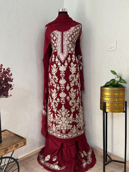Maroon Pure Soft Organza 3 Pc Heavy Kashmiri Suit