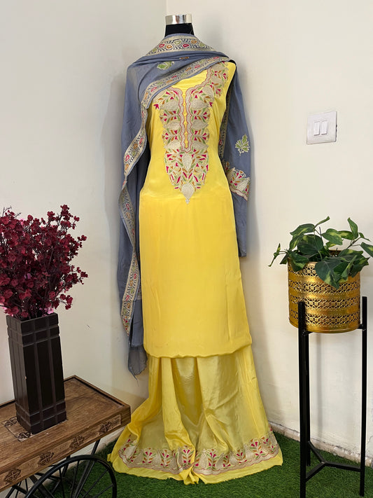 ‘Kalaa’ Lemon Yellow Crape Kashmiri Suit