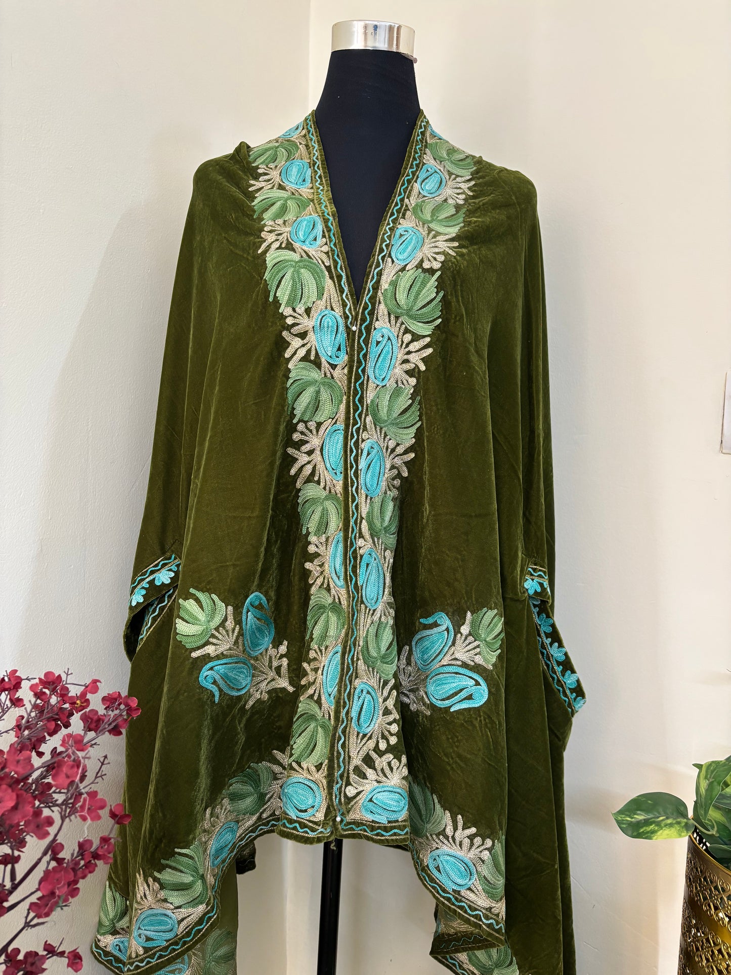 Henna Green Aari Embroidered Velvet Cape