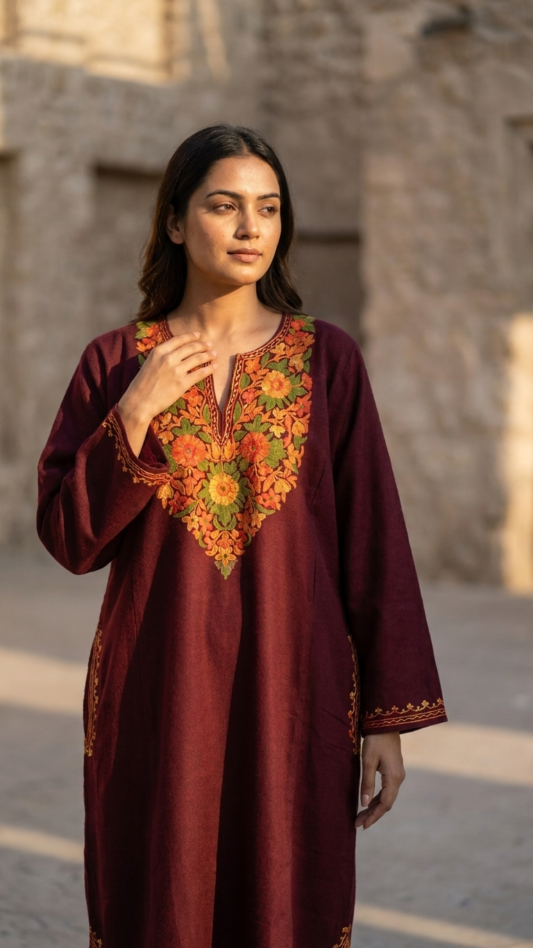 Reddish Brown Aari Embroidered Wool Pheran