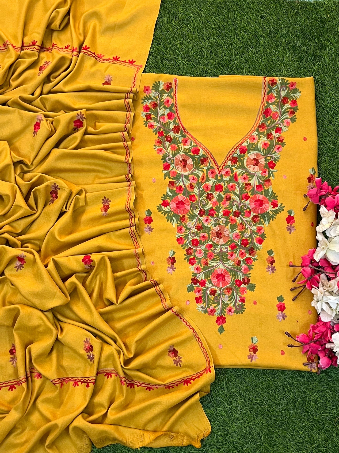 Yellow Woollen Aari Embroidered 3pc suit