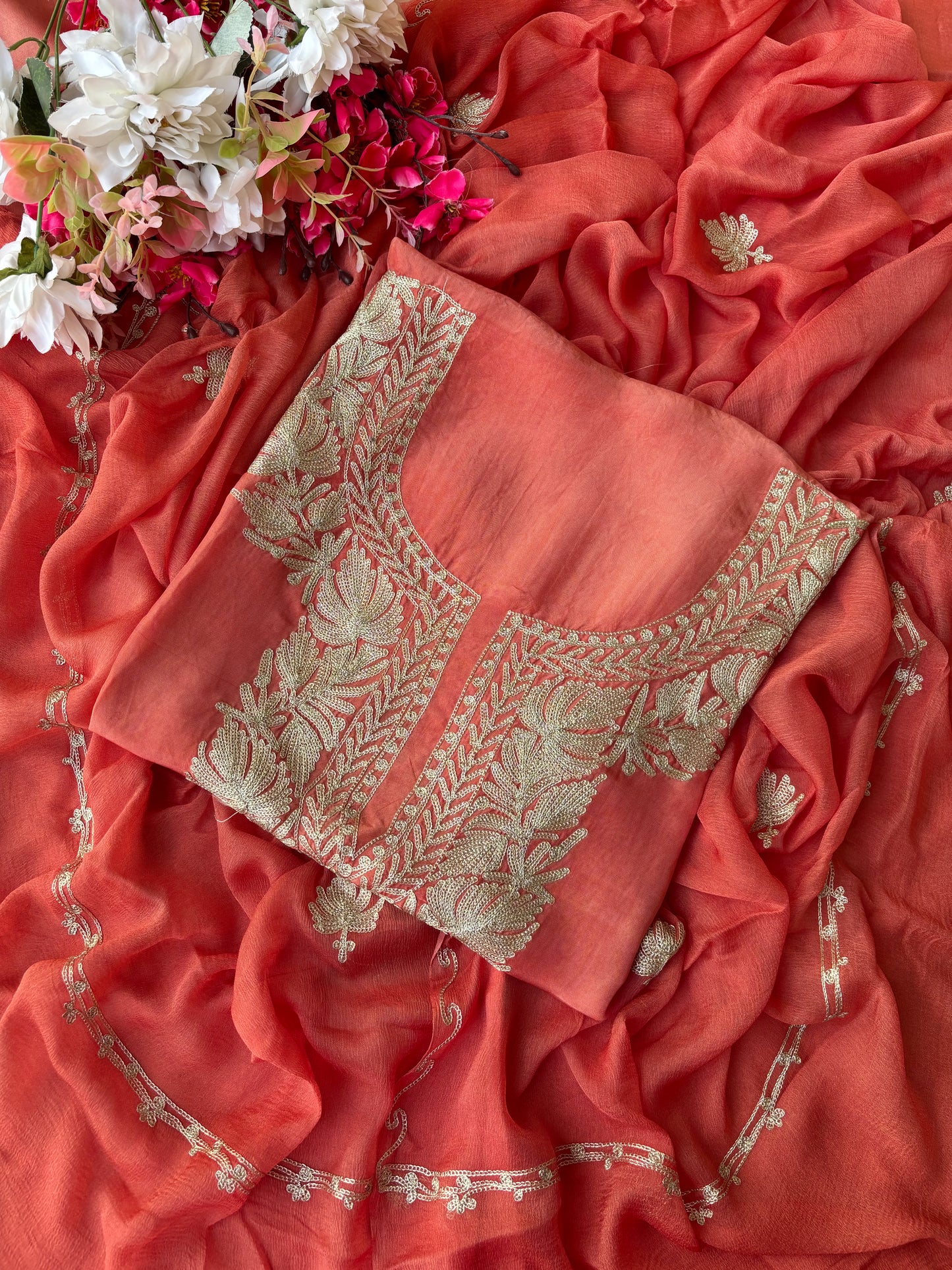 Peach Pink Silk Tilla Kashmiri Suit