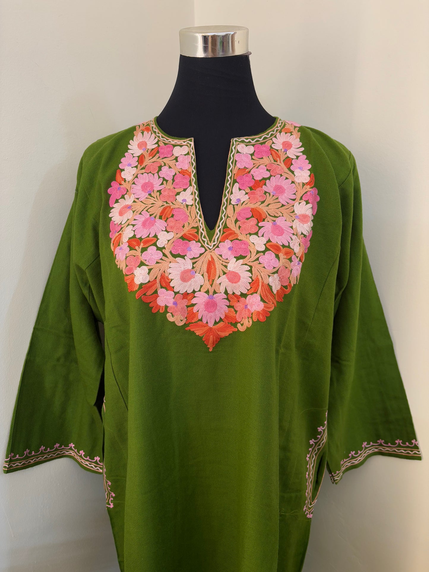 Henna Green Aari Embroidered Wool Pheran