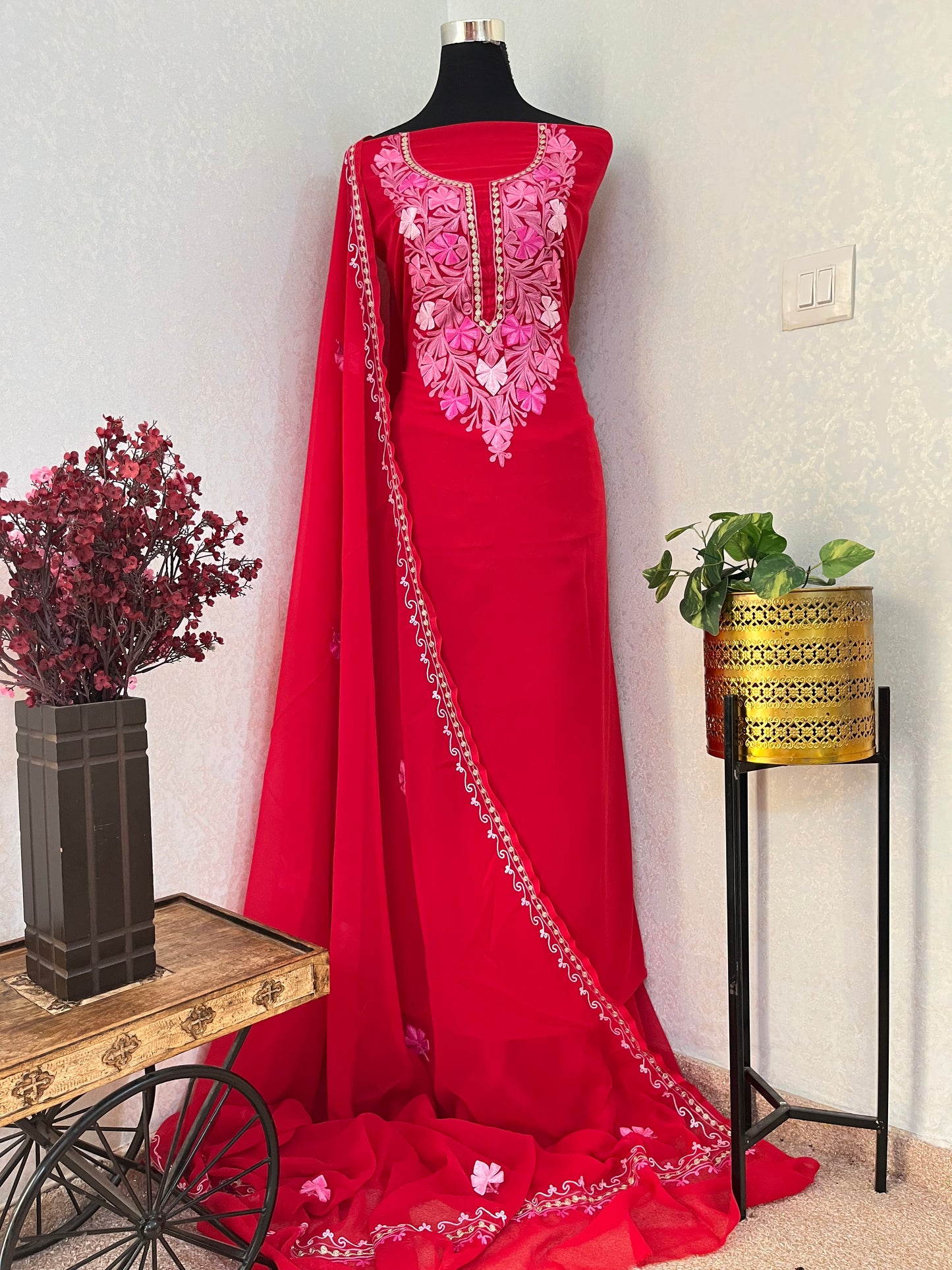 Red Georgette 3 Pc Aari Embroidered Suit Set