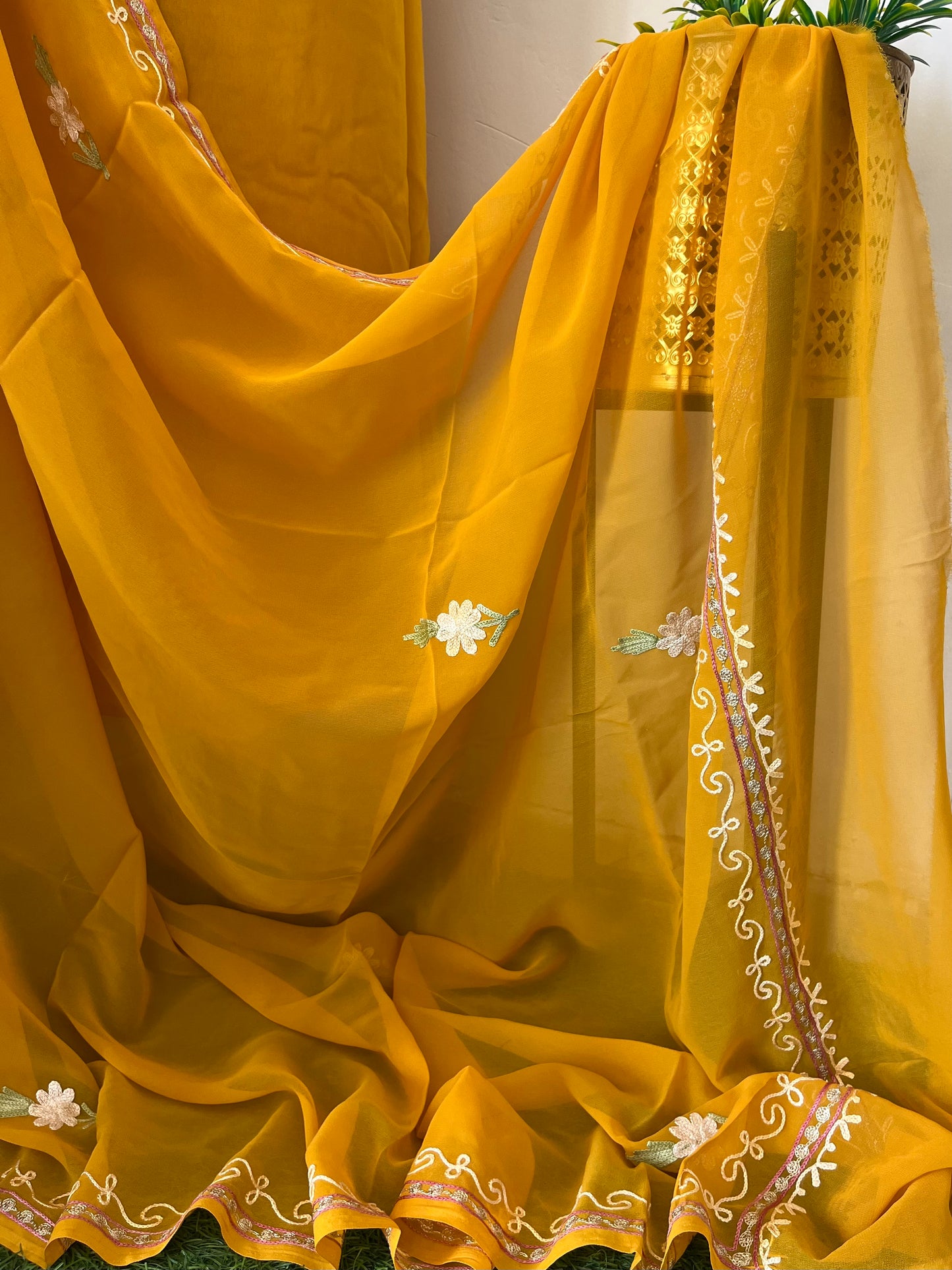 Yellow Georgette Shirt and Dupatta Aari Embroidered Suit