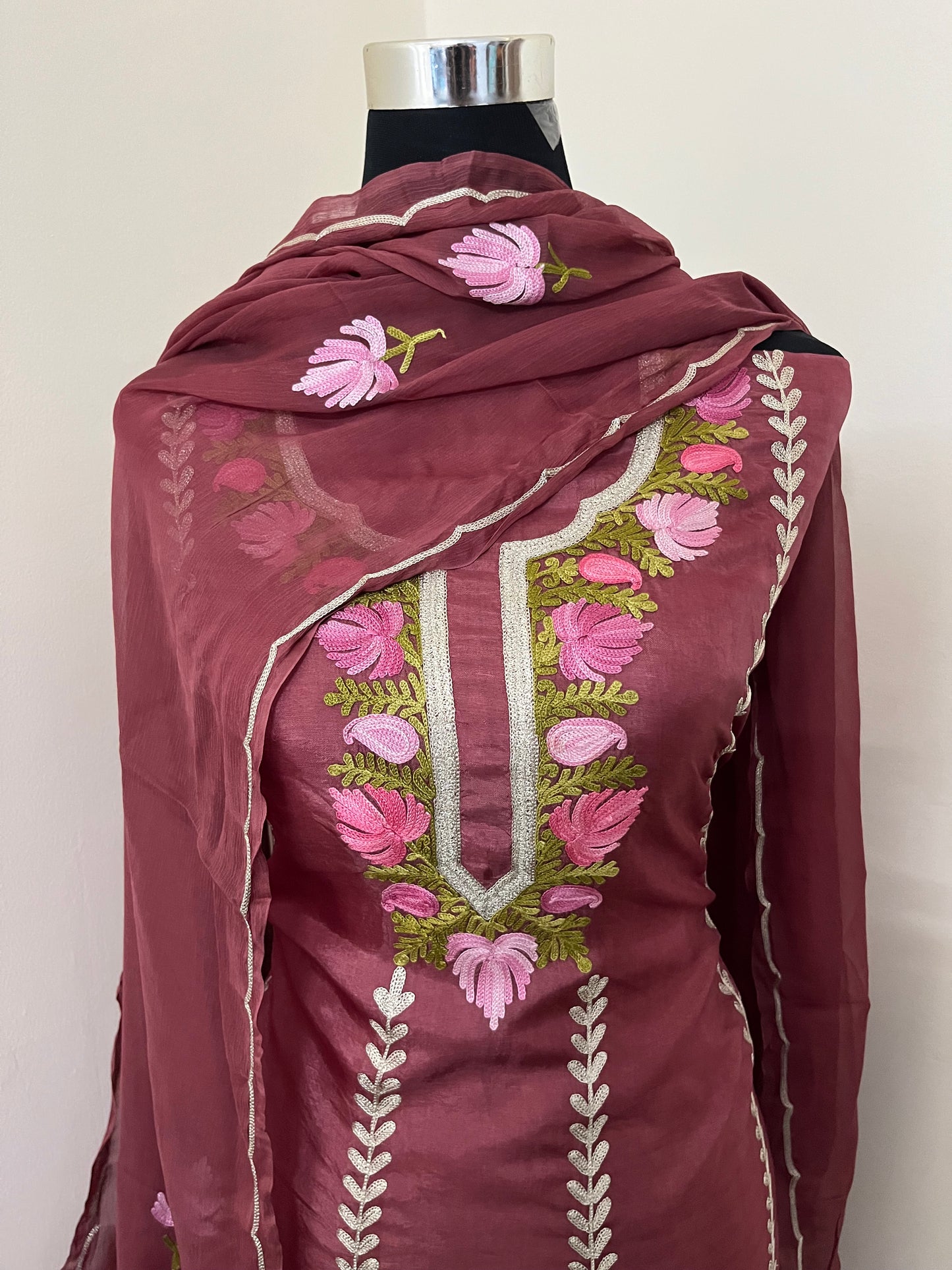 Sanam’ Coke Silk Aari Embroidered Suit material