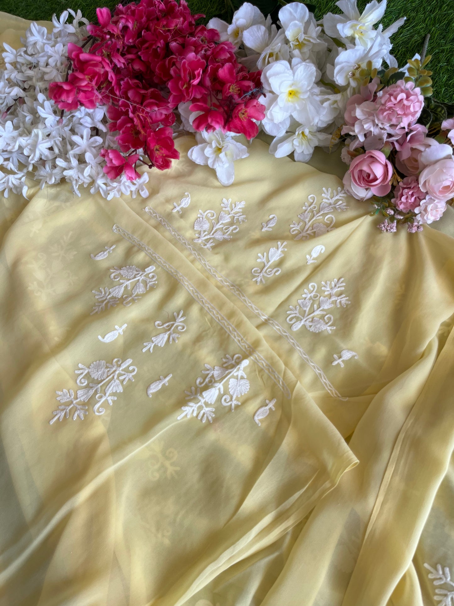 Georgette Lemon Yellow All over Work Aari Embroidered Unstitched Kurta Material