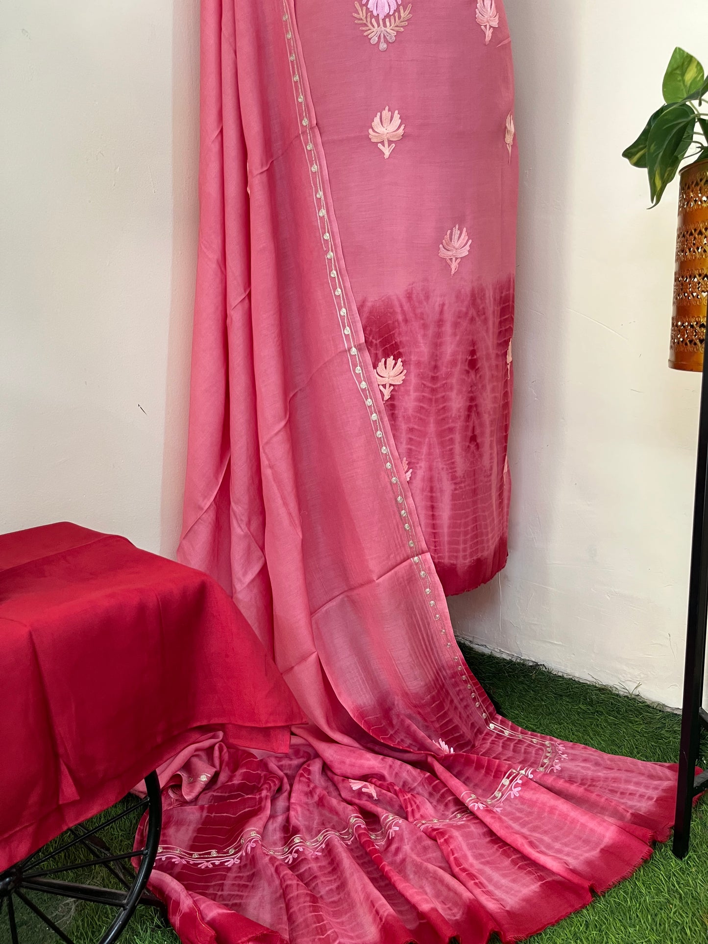 Fuchsia Pink Mul Cotton Shibori Work Kashmiri 3pc Suit