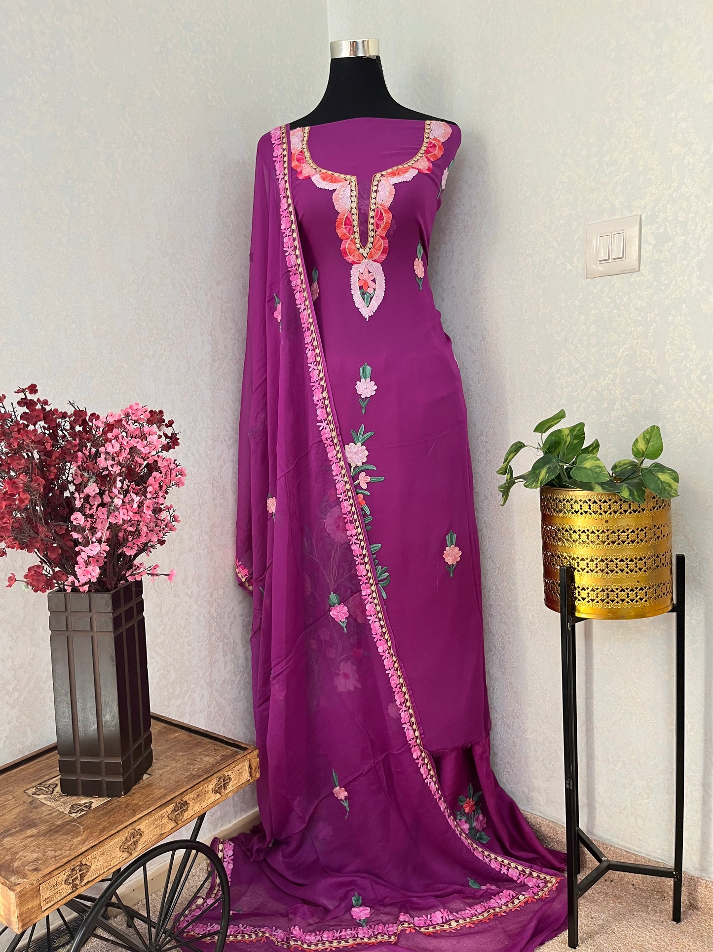Wine Pure Georgette Aari Embroidered Suit