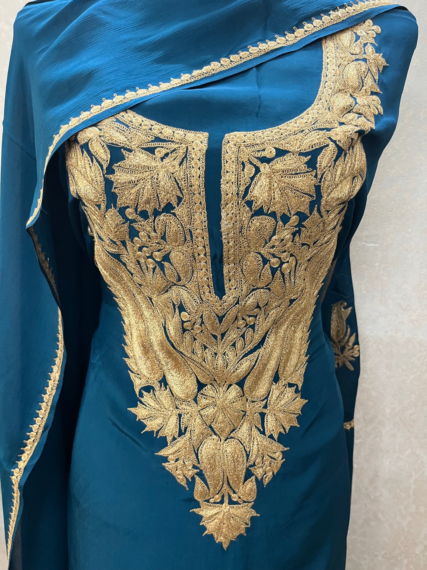 Peacock Blue Crape Kashmiri Suit
