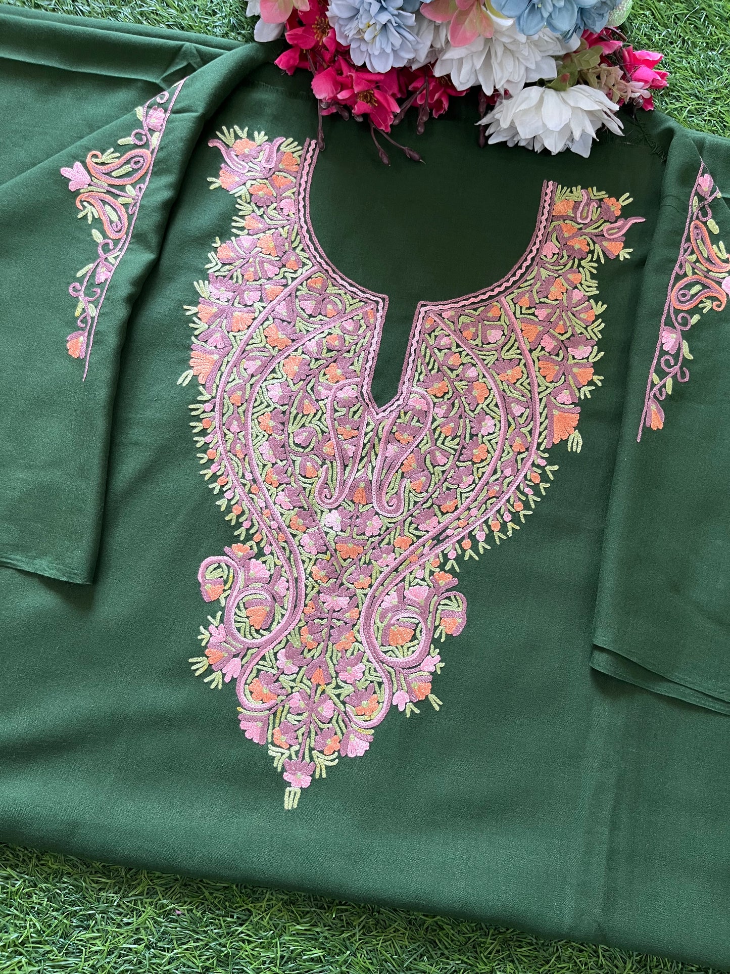 Bottle Green Cotton Two Piece Suit (Hand Embroidered)