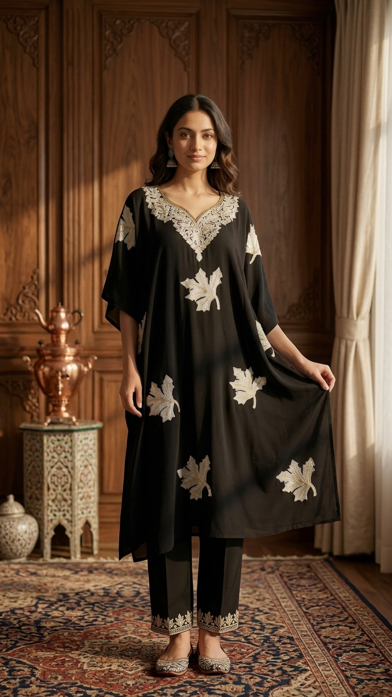 Black Crape Kashmiri Kaftan Set