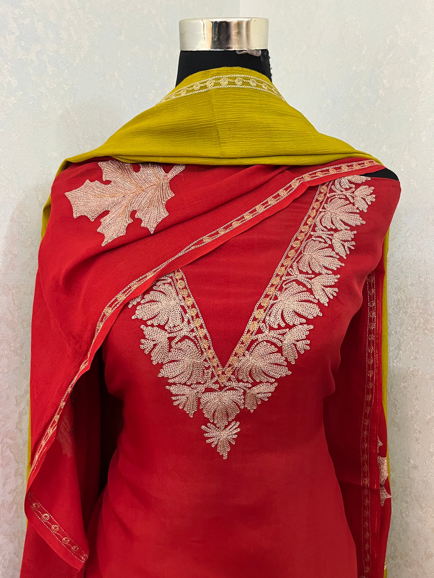 Red Sanam Silk Kashmiri Suit