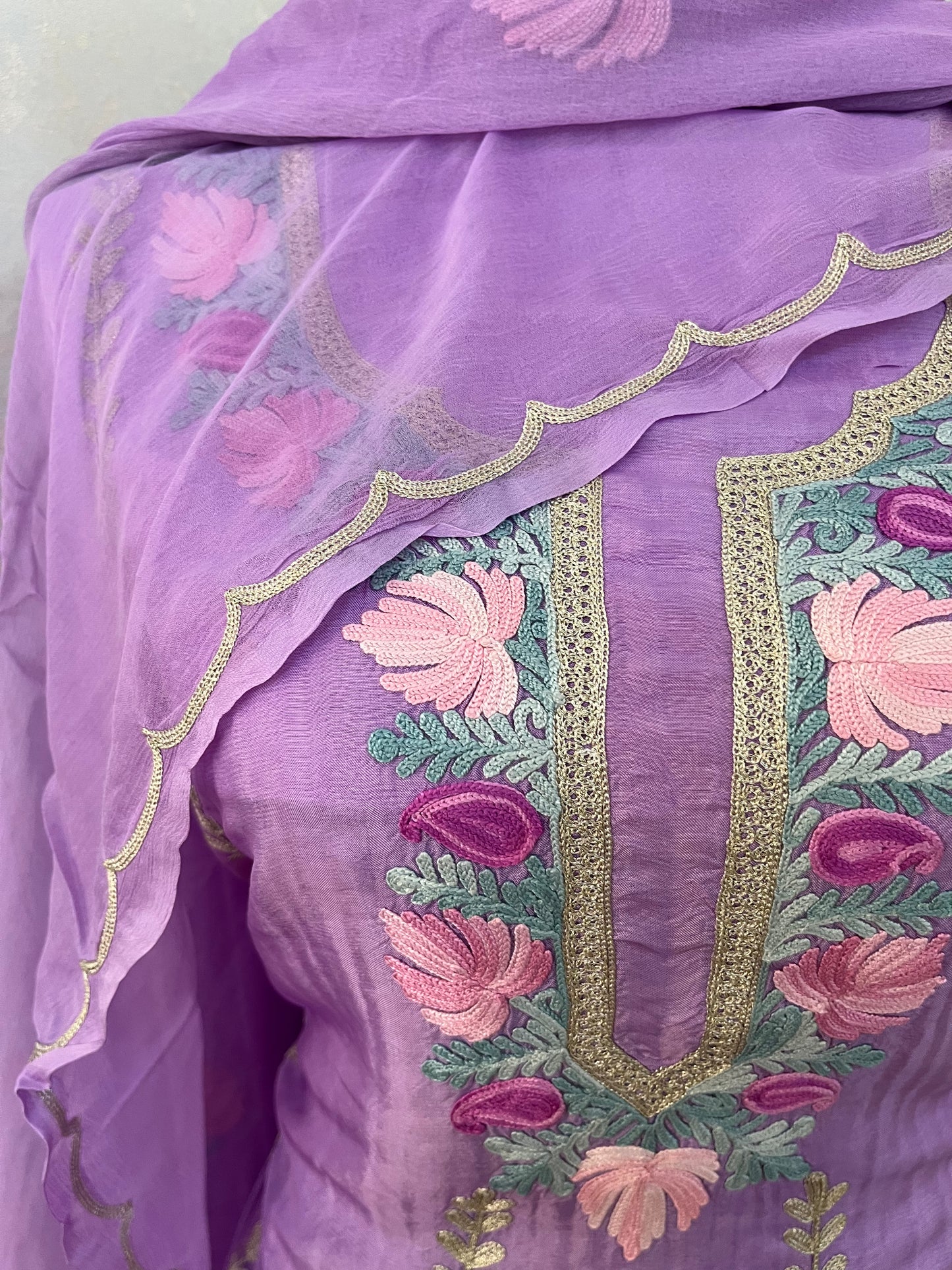 Lavender Sanam’ Silk Aari Embroidered Suit material