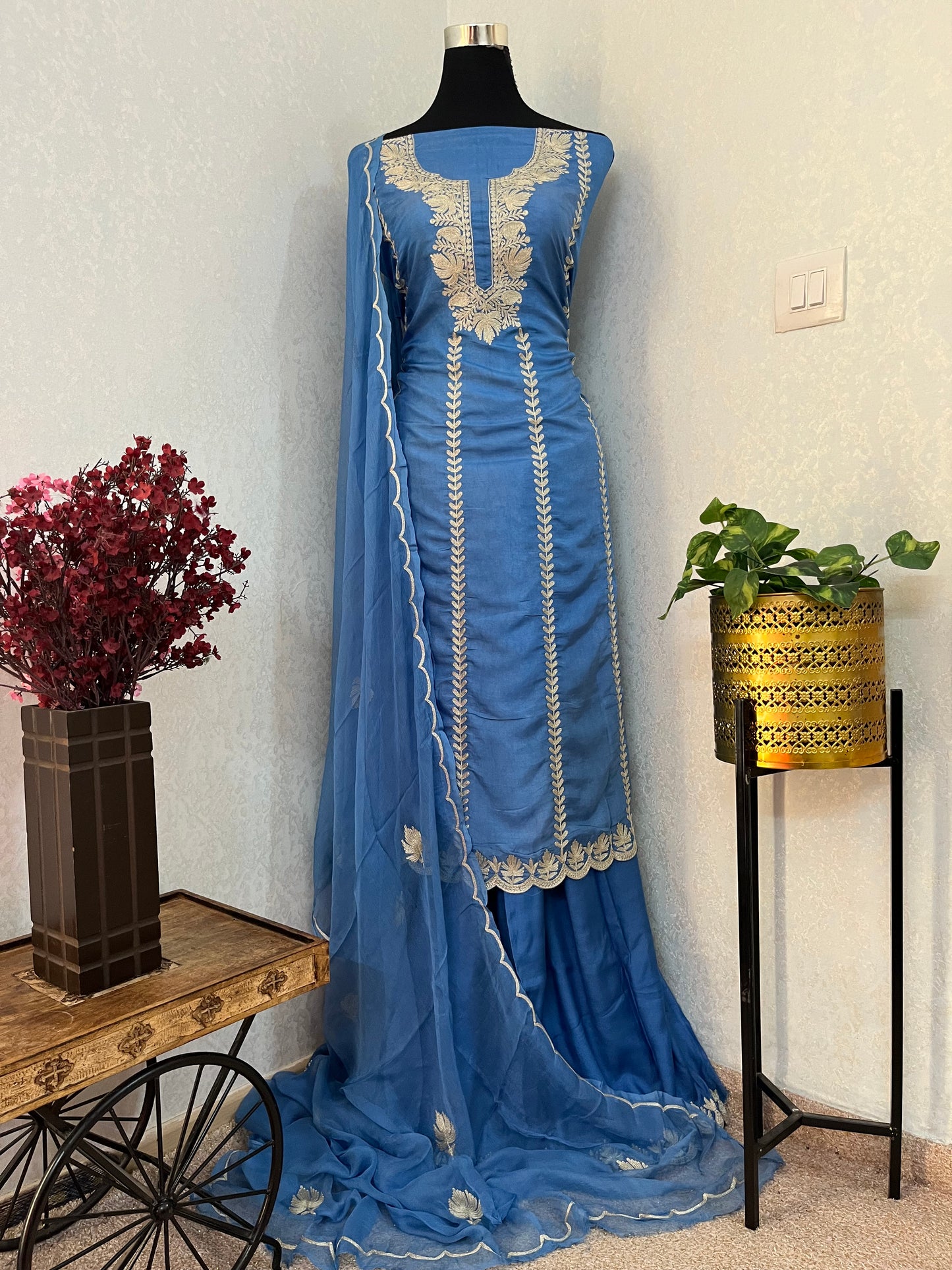 Soft Blue Sanam’ Silk Tilla Kashmiri Suit