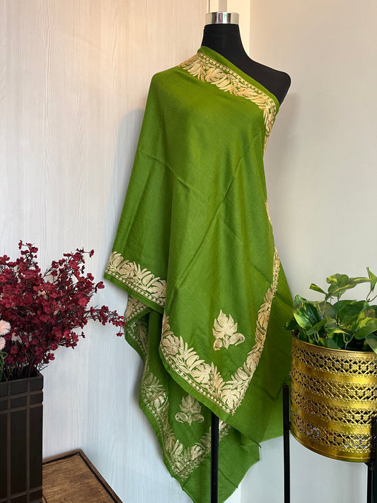 Mehandi Green Semi Pashmina Tilla Embroidered stole