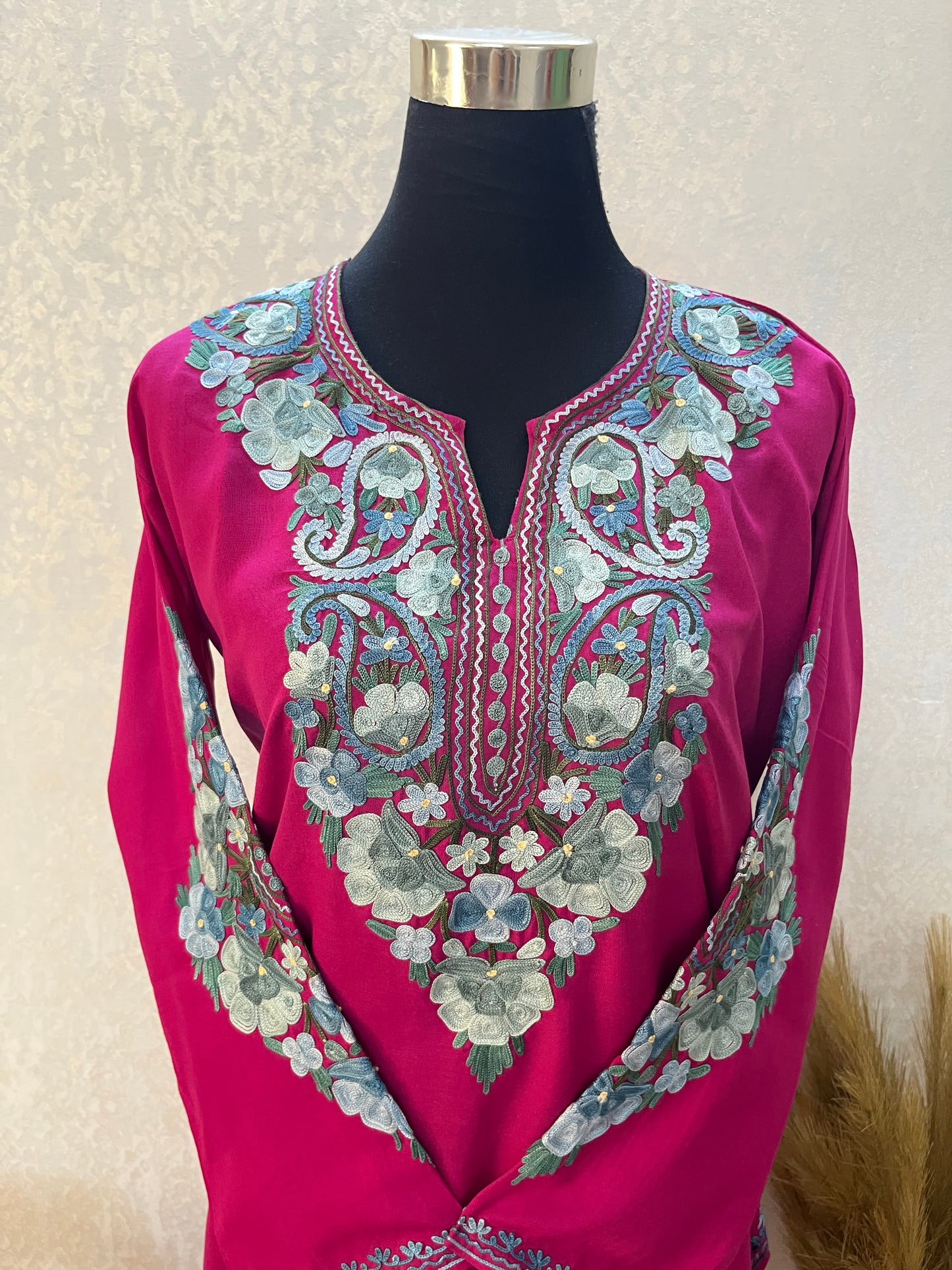 Hot Pink Cotton Aari Work Kurta