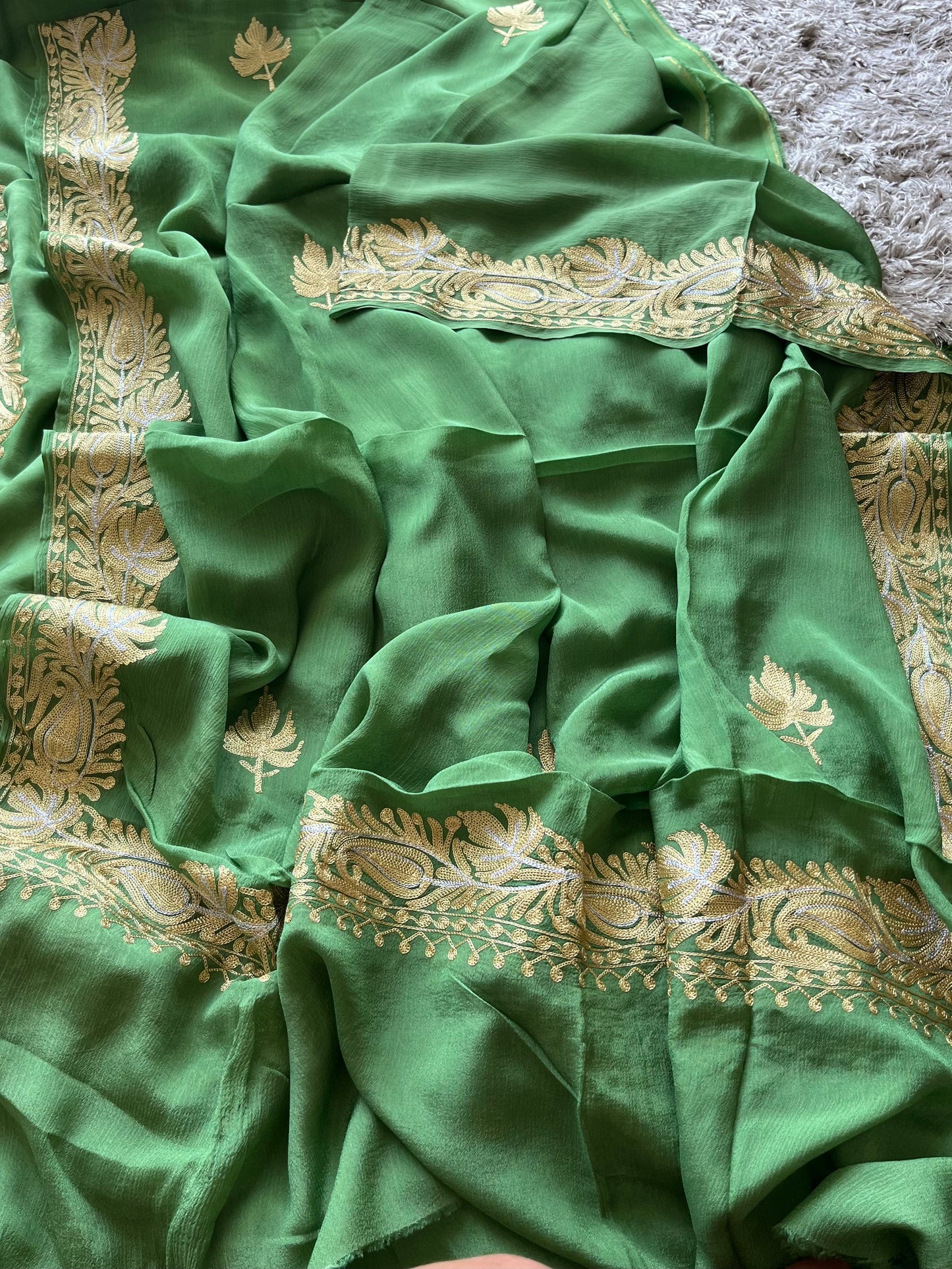 ‘Kalaa’ Lawn Green Opada Silk Tilla Embroidered Suit material (on Order)