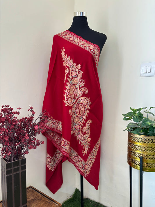 Red Silk Thread Ambi Aangan Embroidered Fine Semi Pashmina stole