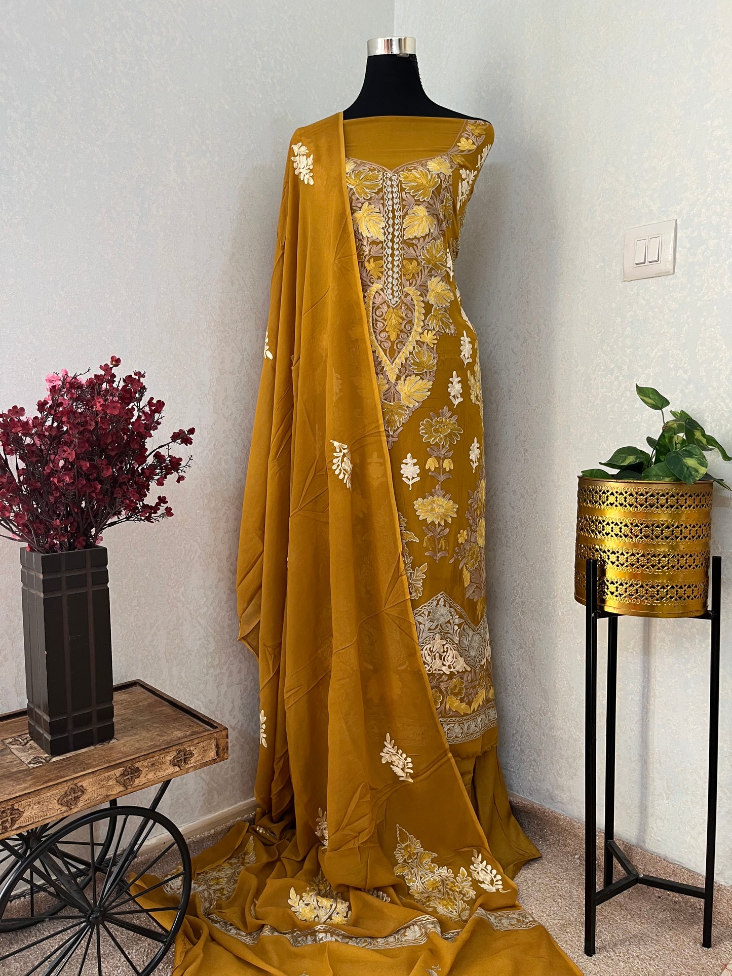 Mustard Pure Georgette 3 Pc Heavy Kashmiri Suit