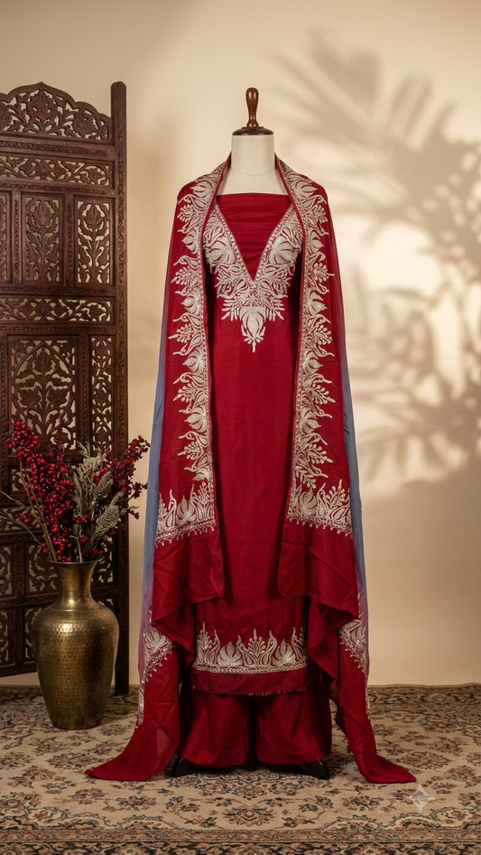 Sanam Maroon Silk Kashmiri Suit