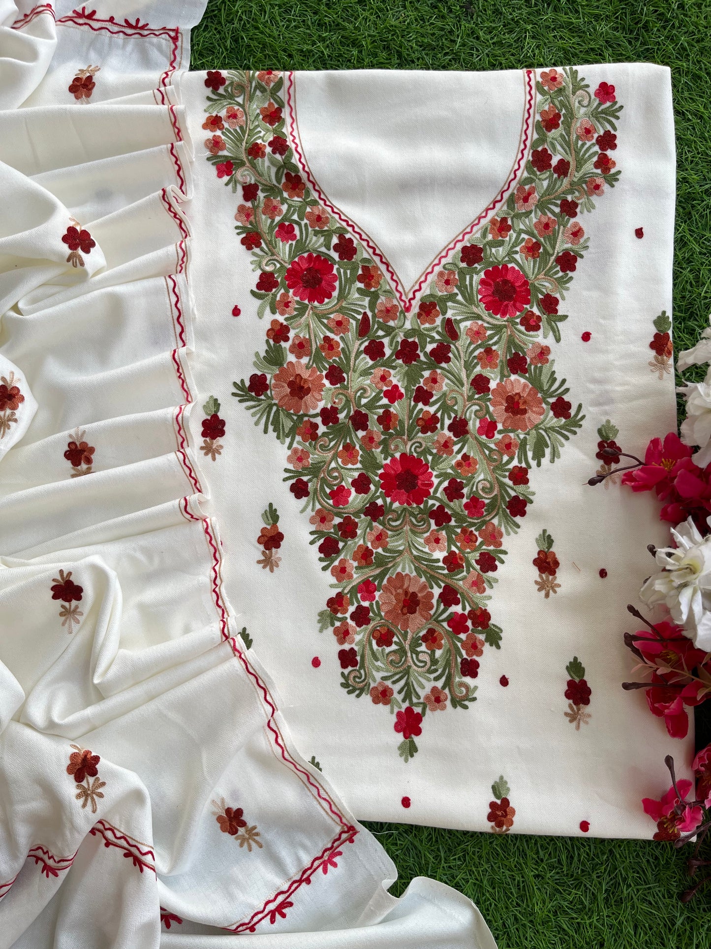 Off White Woollen Aari Embroidered 3pc suit