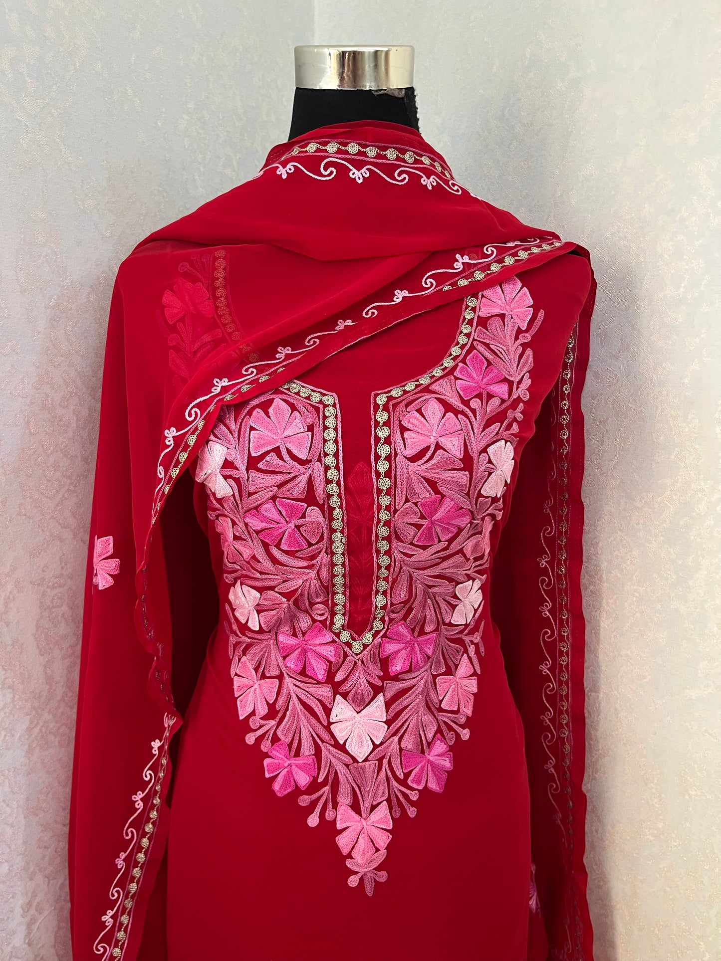 Red Georgette 3 Pc Aari Embroidered Suit Set