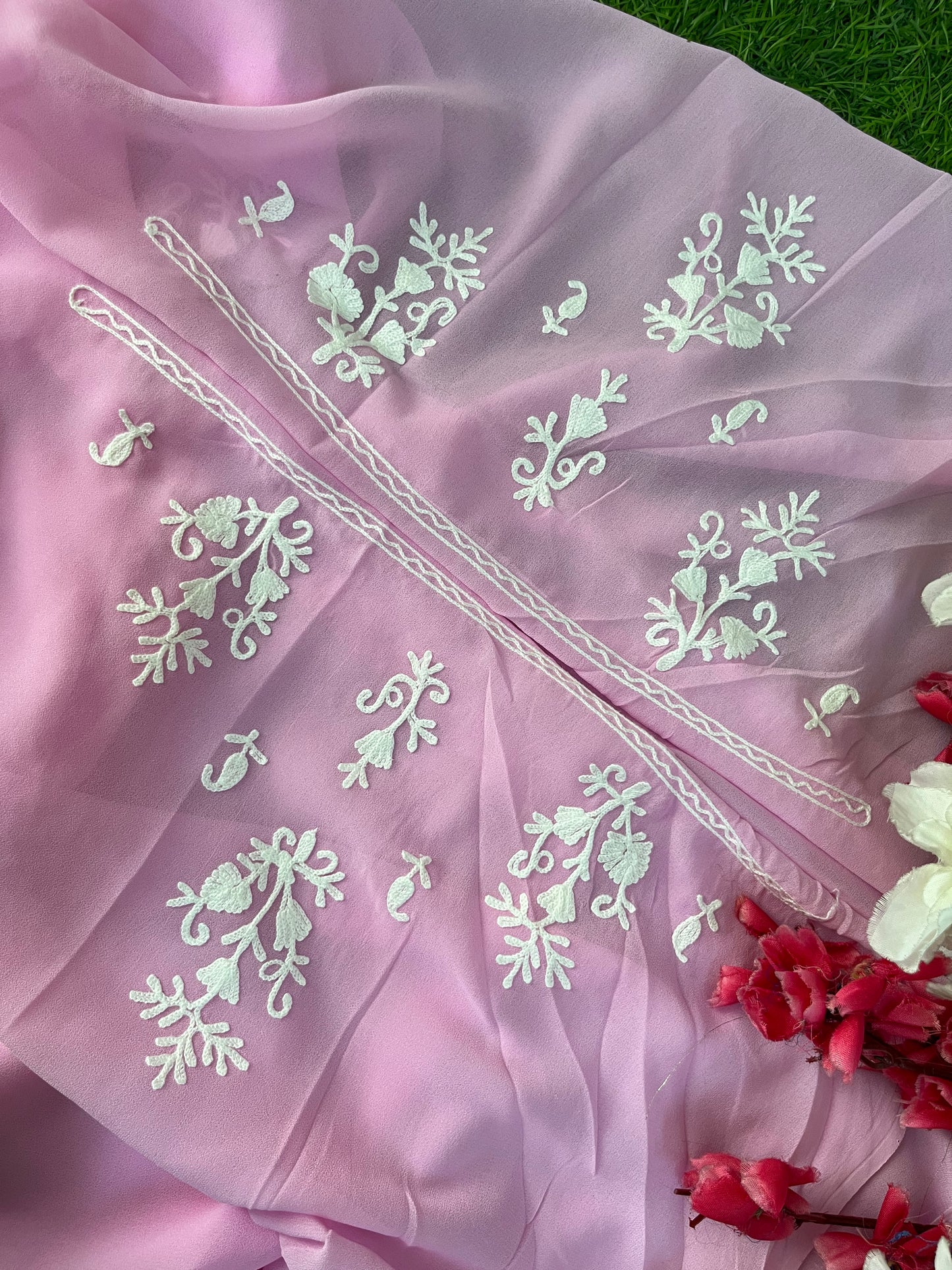 Soft Pink Georgette Kashmiri Unstitched Kurta Material