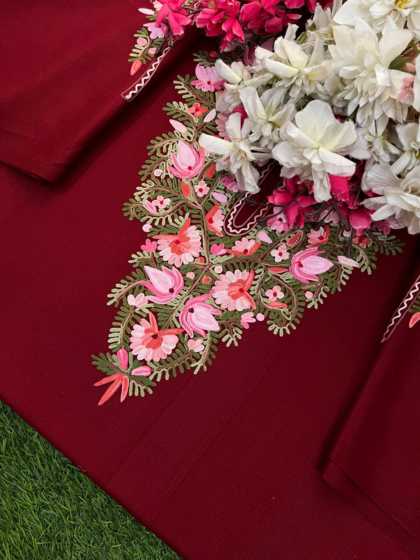 Maroon Woollen Aari Embroidered 2pc suit 5mtr