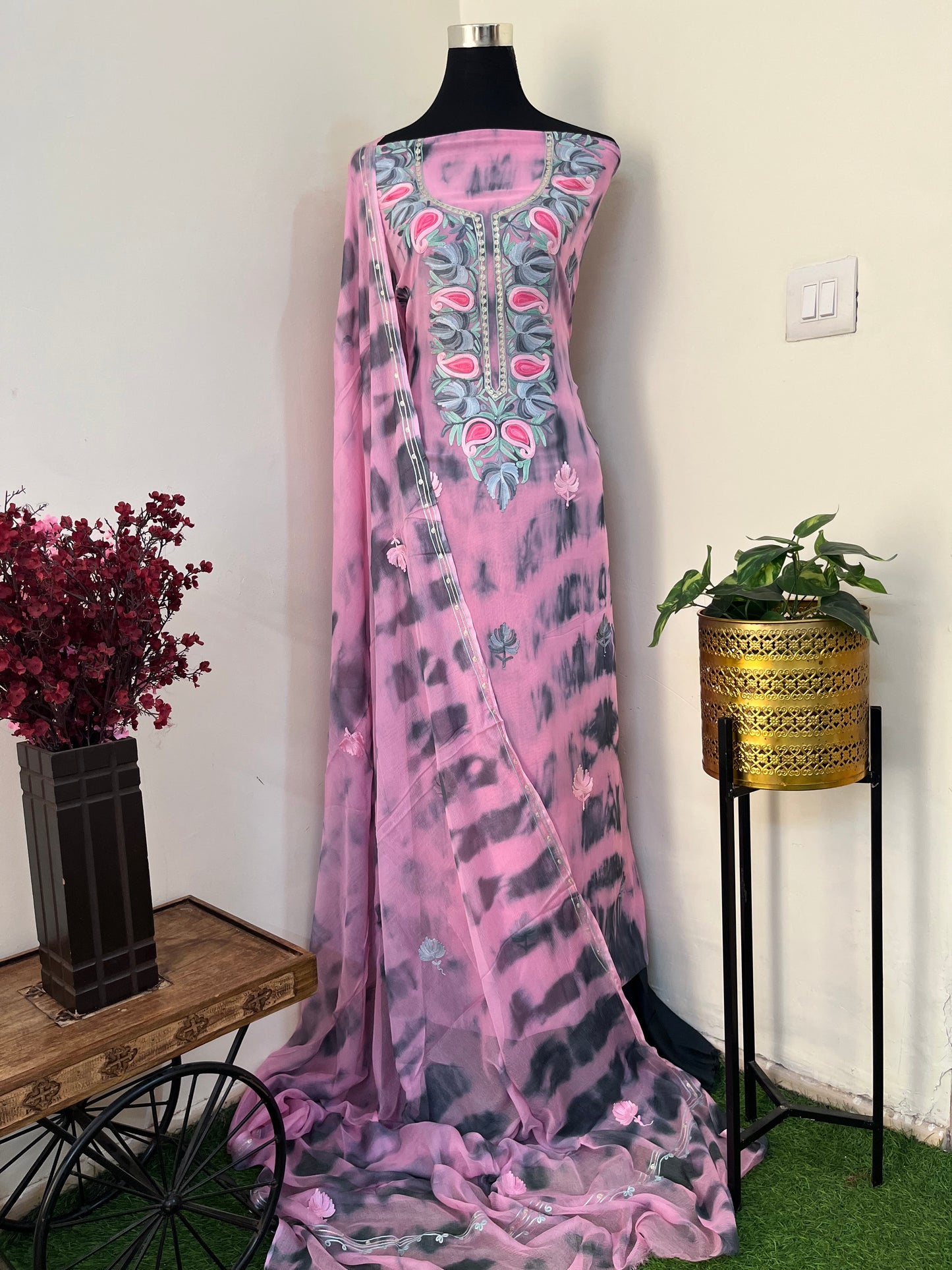 Rose Pink Pure Georgette Ty Dy Kashmiri Suit