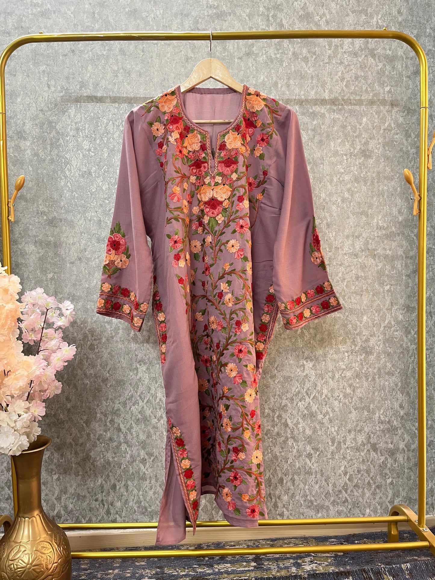 Rose Pink Cotton Aari Work Pheran
