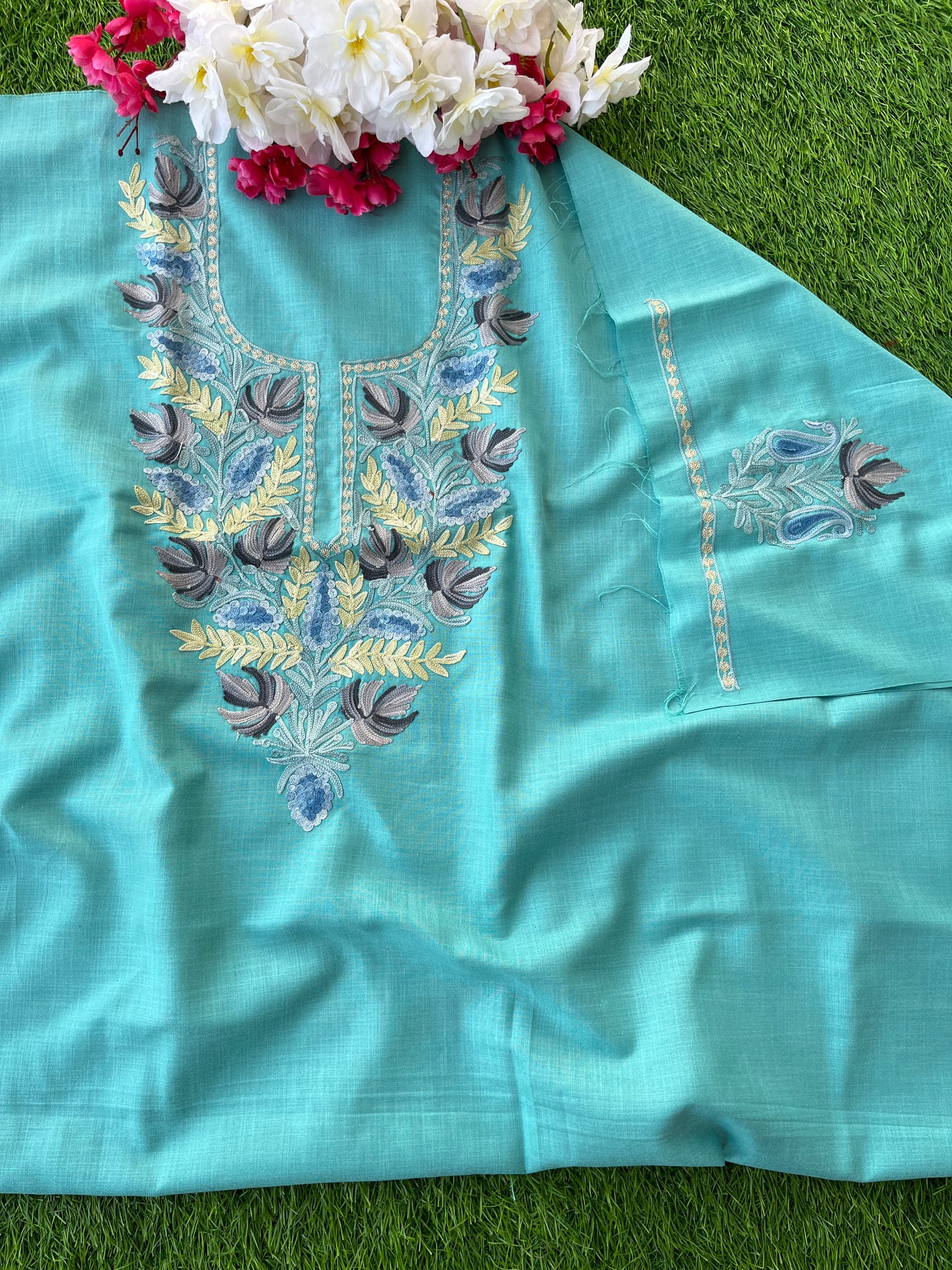 Sky Blue Cotton Unstitched Aari Work Kurti