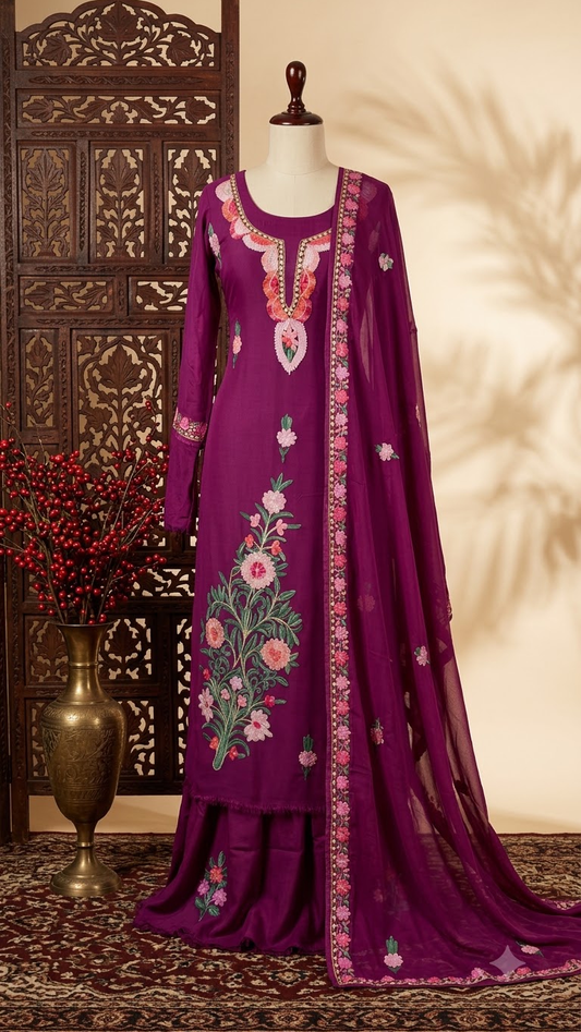 Wine Pure Georgette Aari Embroidered Suit