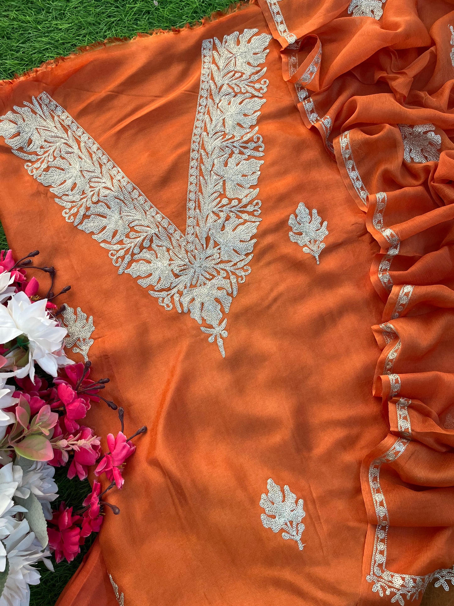 Soft Orange Sanam’ Silk Tilla Kashmiri Suit