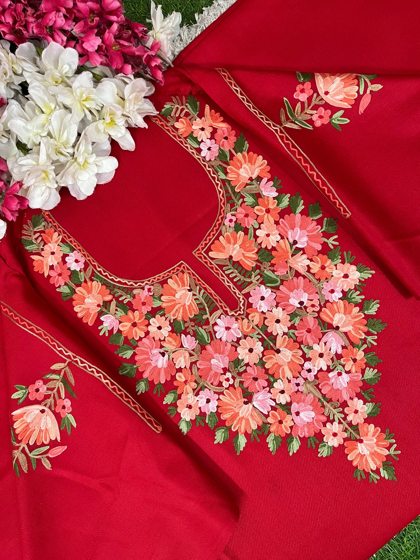 Red Woollen Aari Embroidered 2pc suit 5mtr