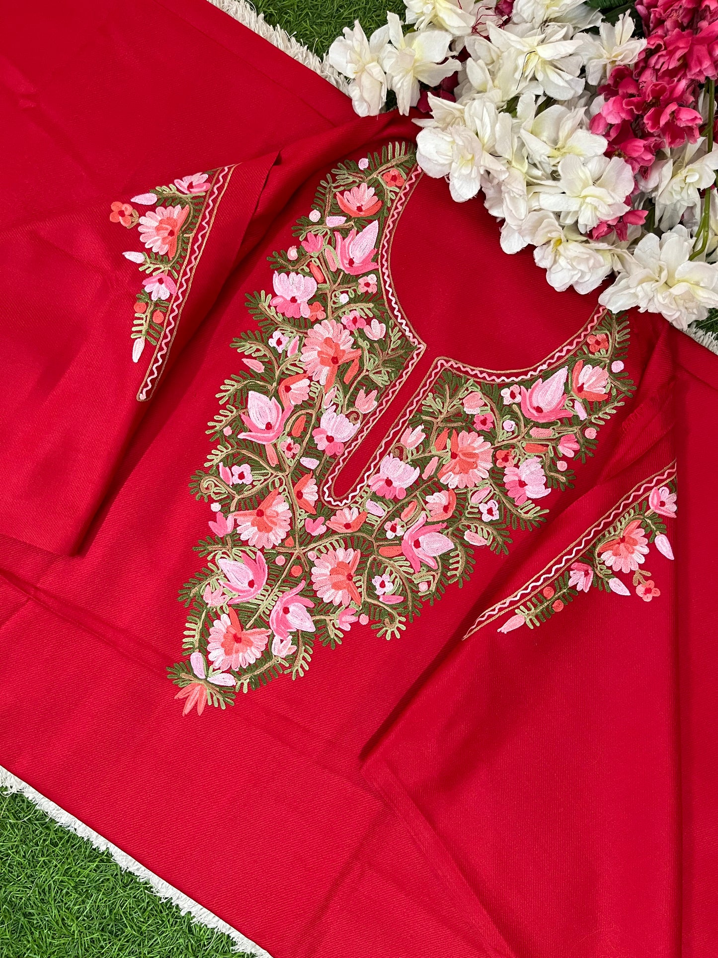 Red Woollen Aari Embroidered 2pc suit 5mtr