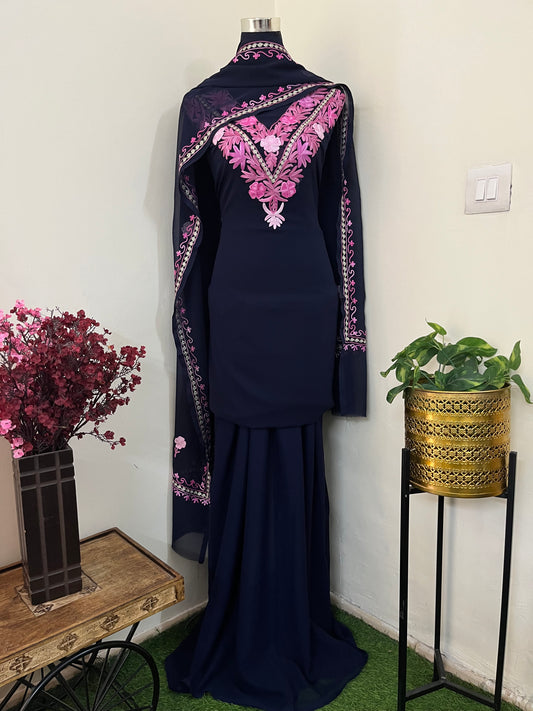 Navy blue Georgette 3 Pc Aari Embroidered Suit Set