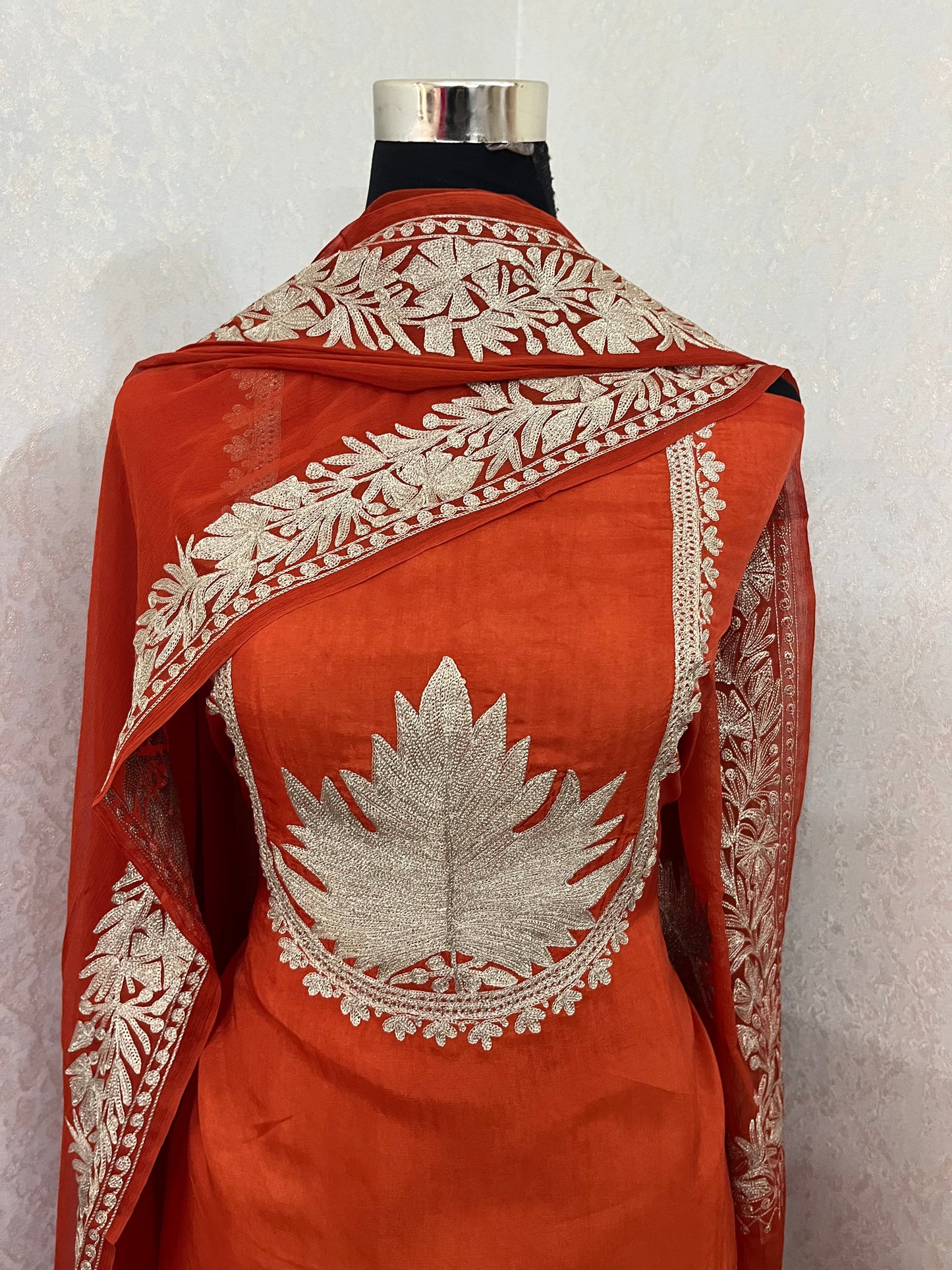 Orange Rust Sanam’ Tilla Kashmiri Silk Suit