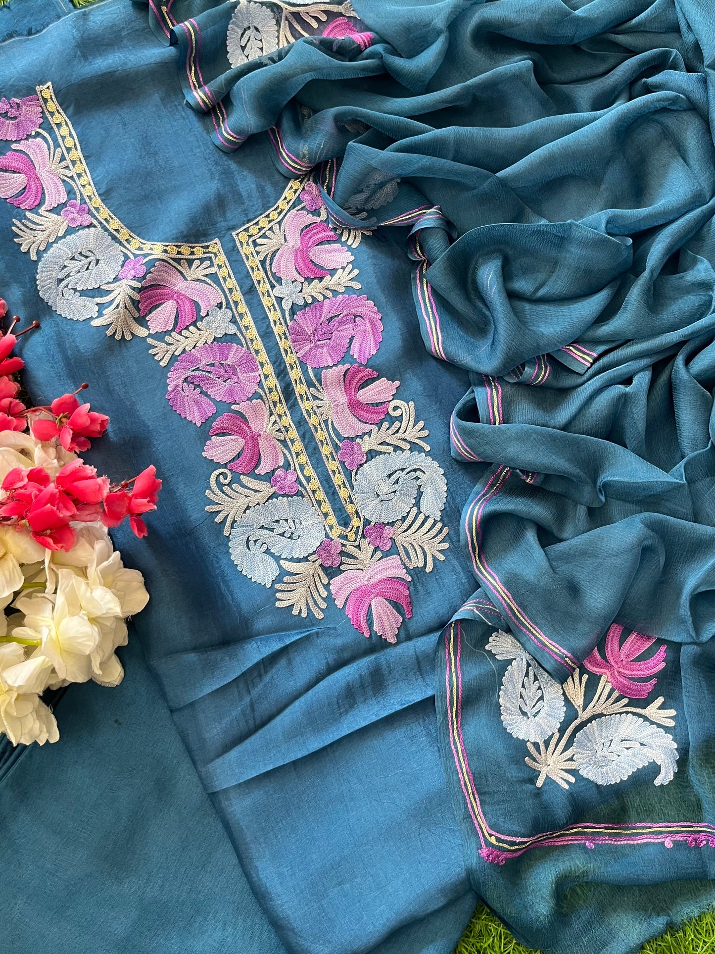 Blue Opada Silk Aari Embroidered Suit material