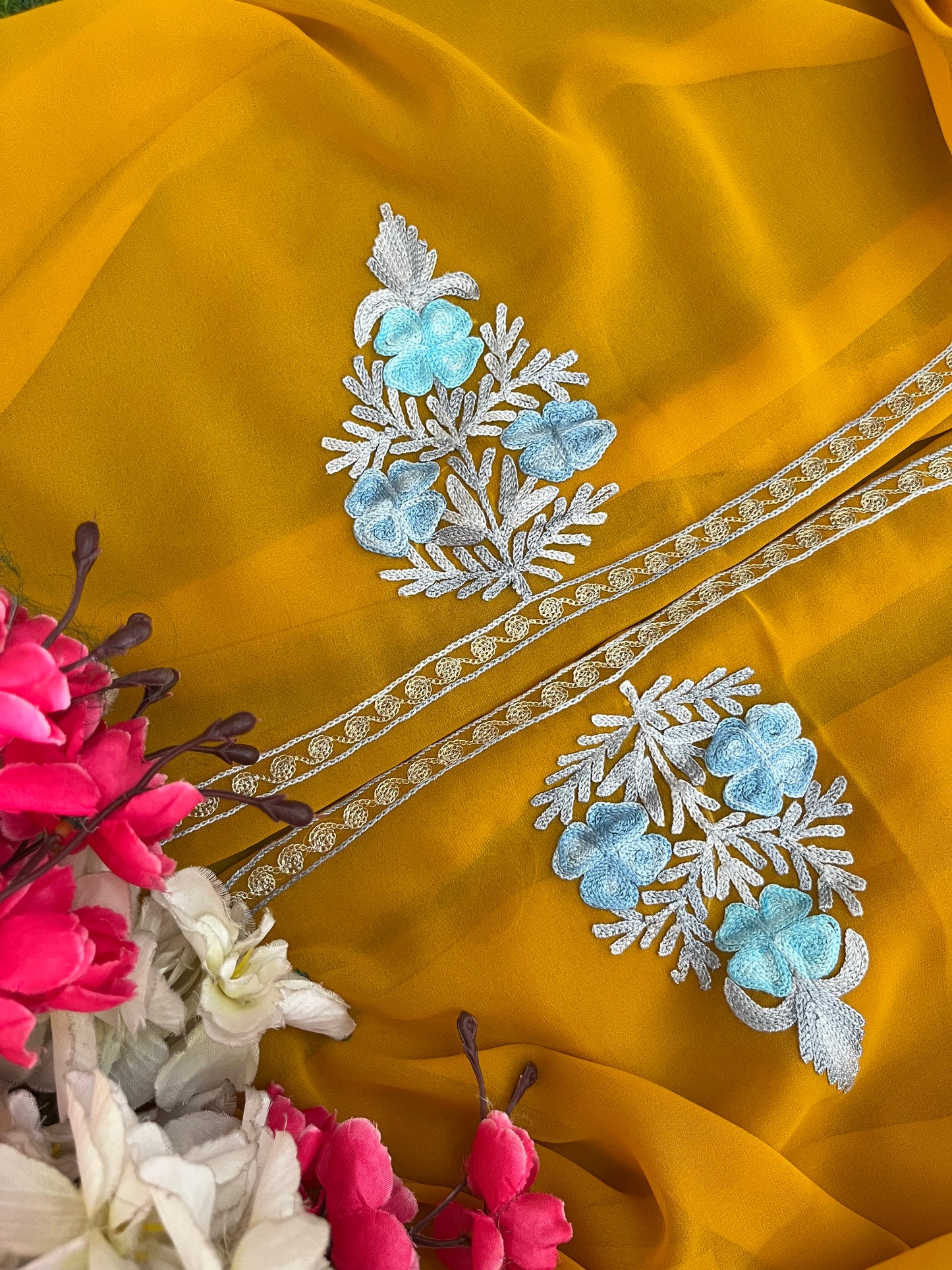Mustard Georgette 3 Pc Aari Embroidered Suit Set