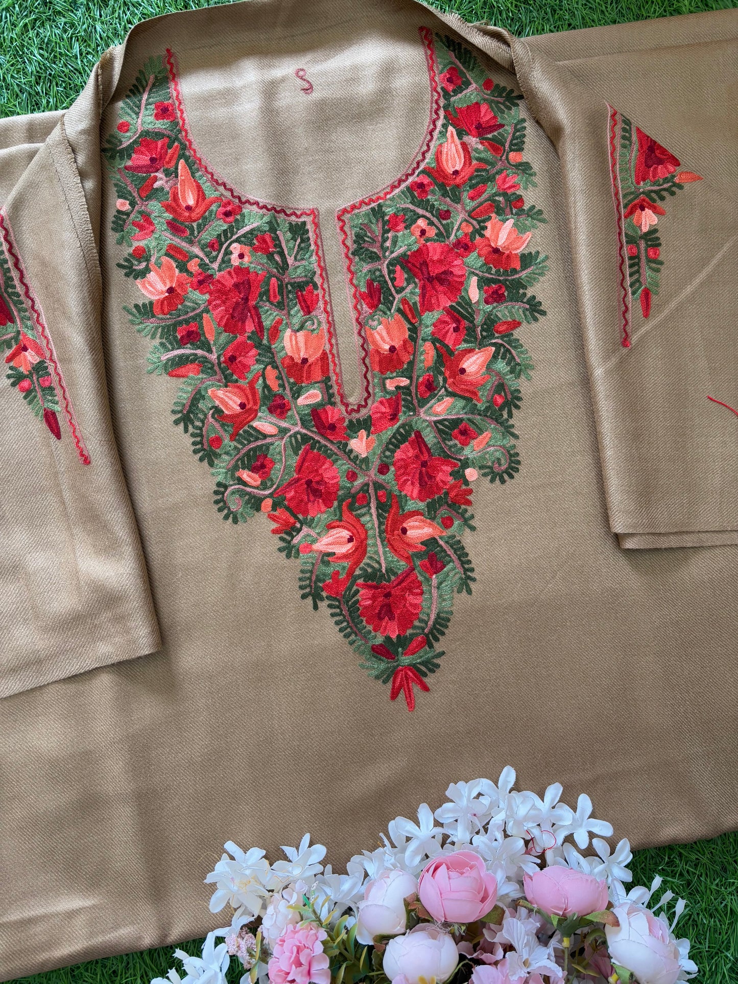 Beige Woollen Aari Embroidered 3pc suit