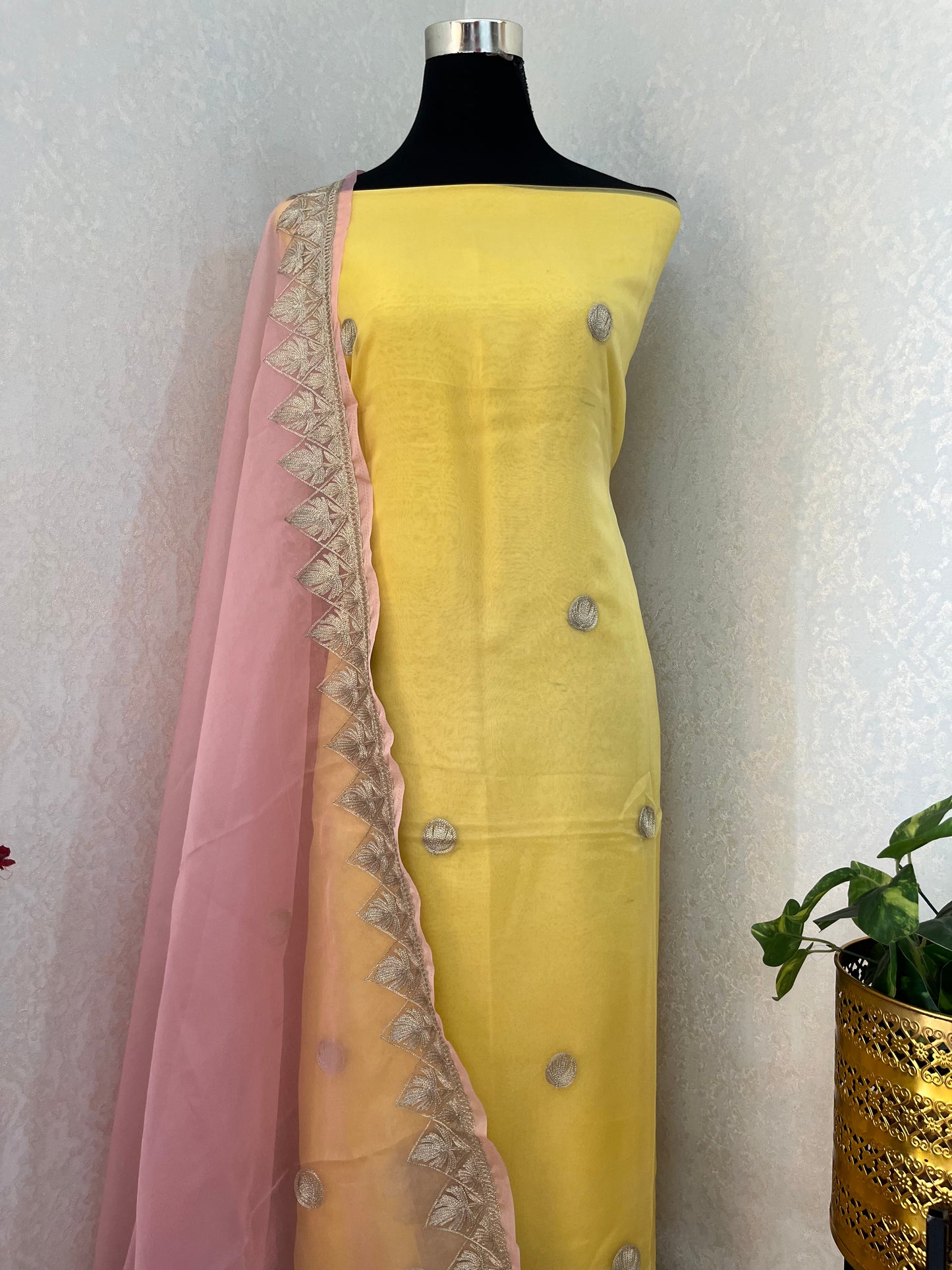 Lemon Yellow Soft Tissue Kashmiri Suit