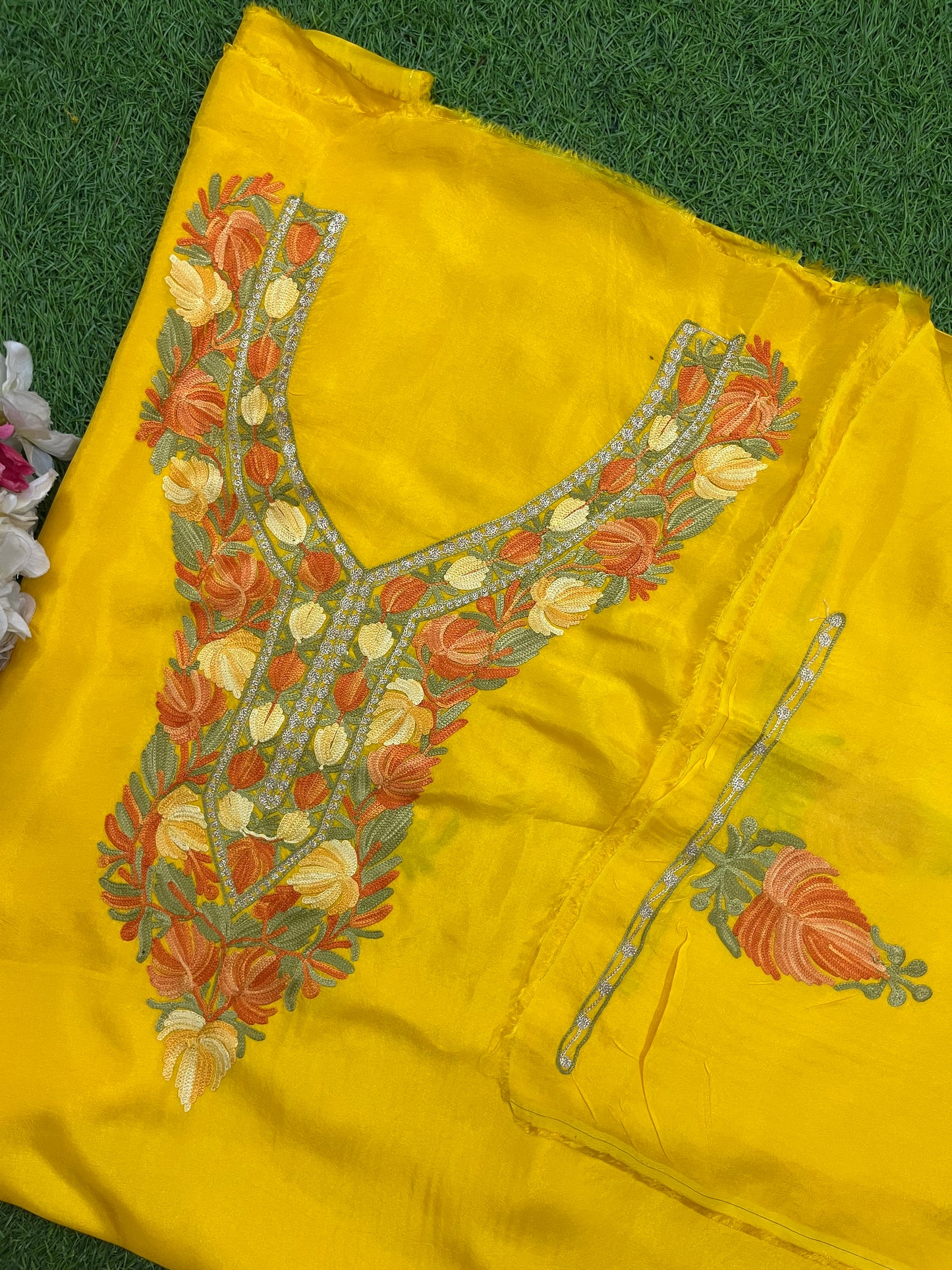 Yellow  Opada Silk Aari Embroidered Suit material