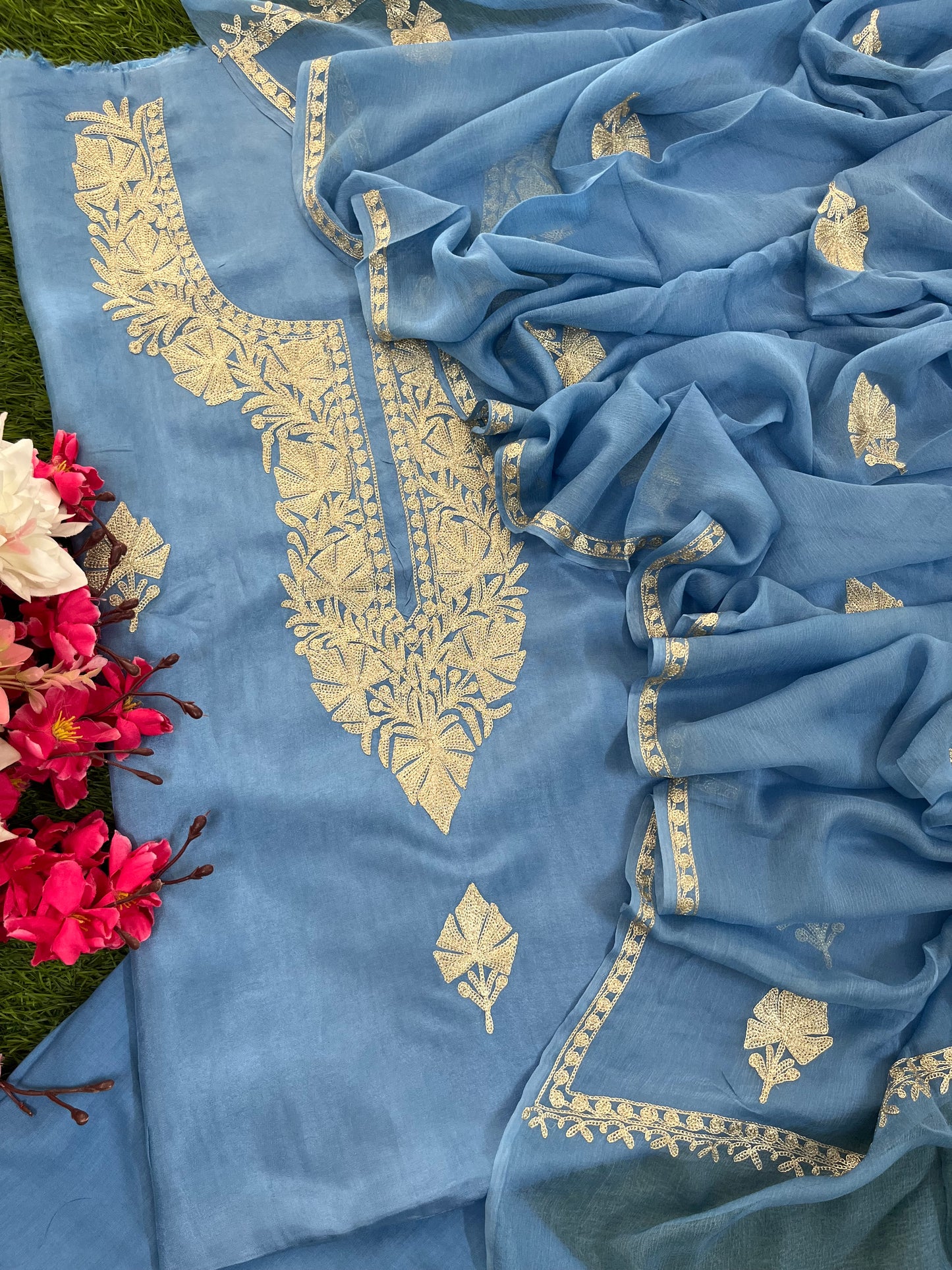 Soft Blue Silk Tilla Kashmiri Suit