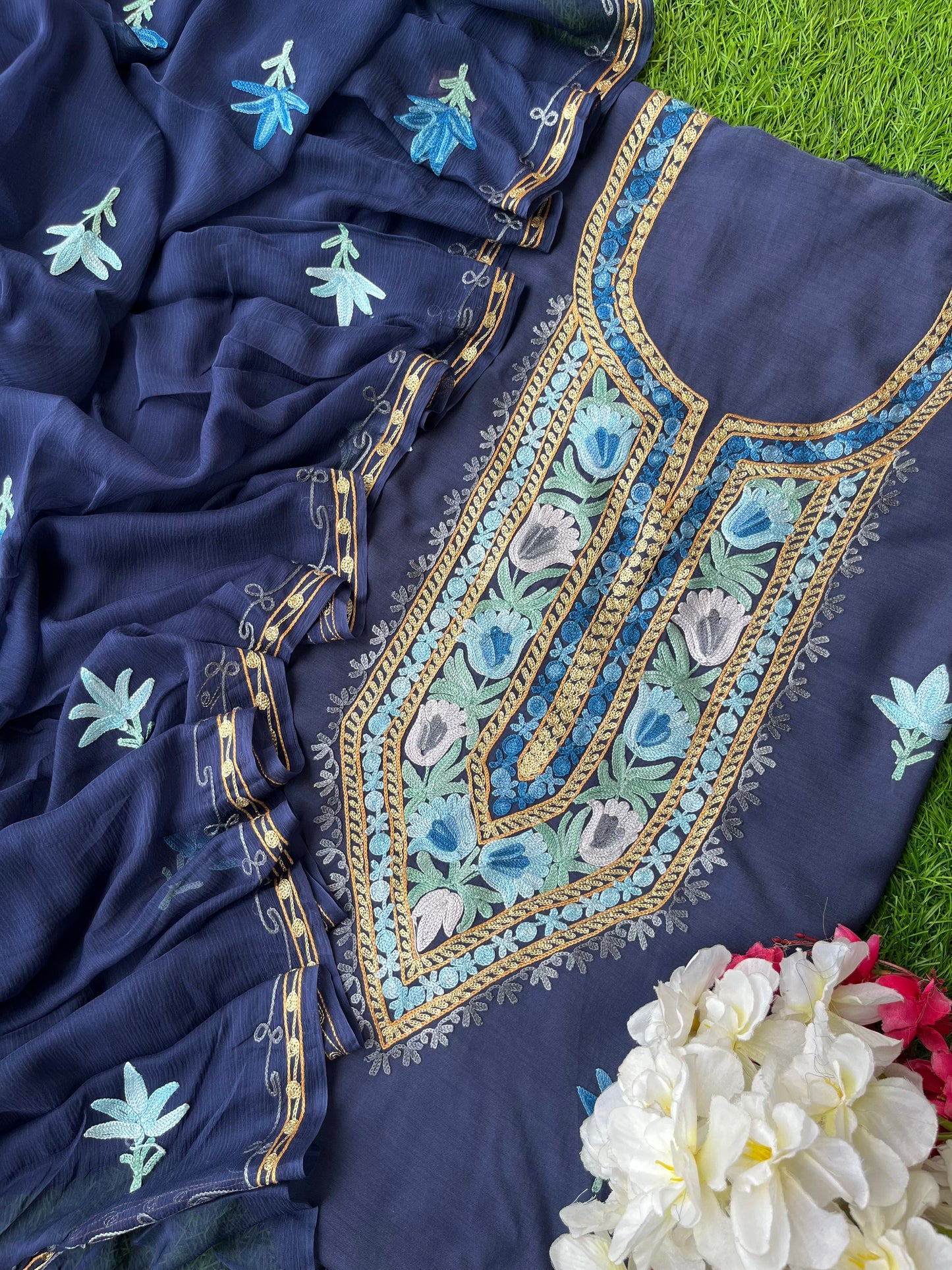 Royal Blue Muslin Cotton Aari Embroidered 3pc set