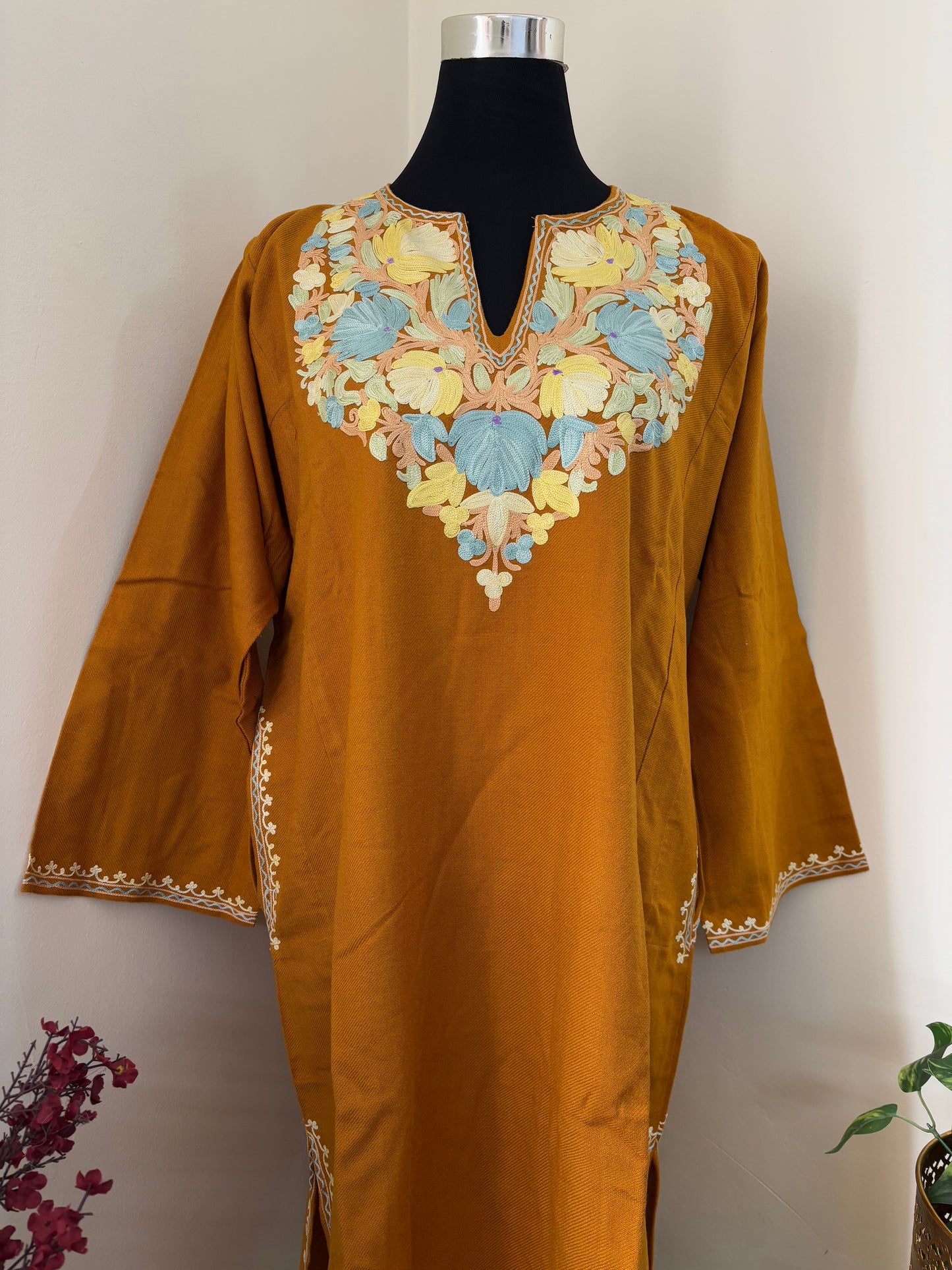 Mustard Yellow Aari Embroidered Wool Pheran